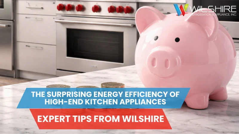 Pink piggy bank and coin stacks on marble counter in a high-end kitchen with stainless appliances.