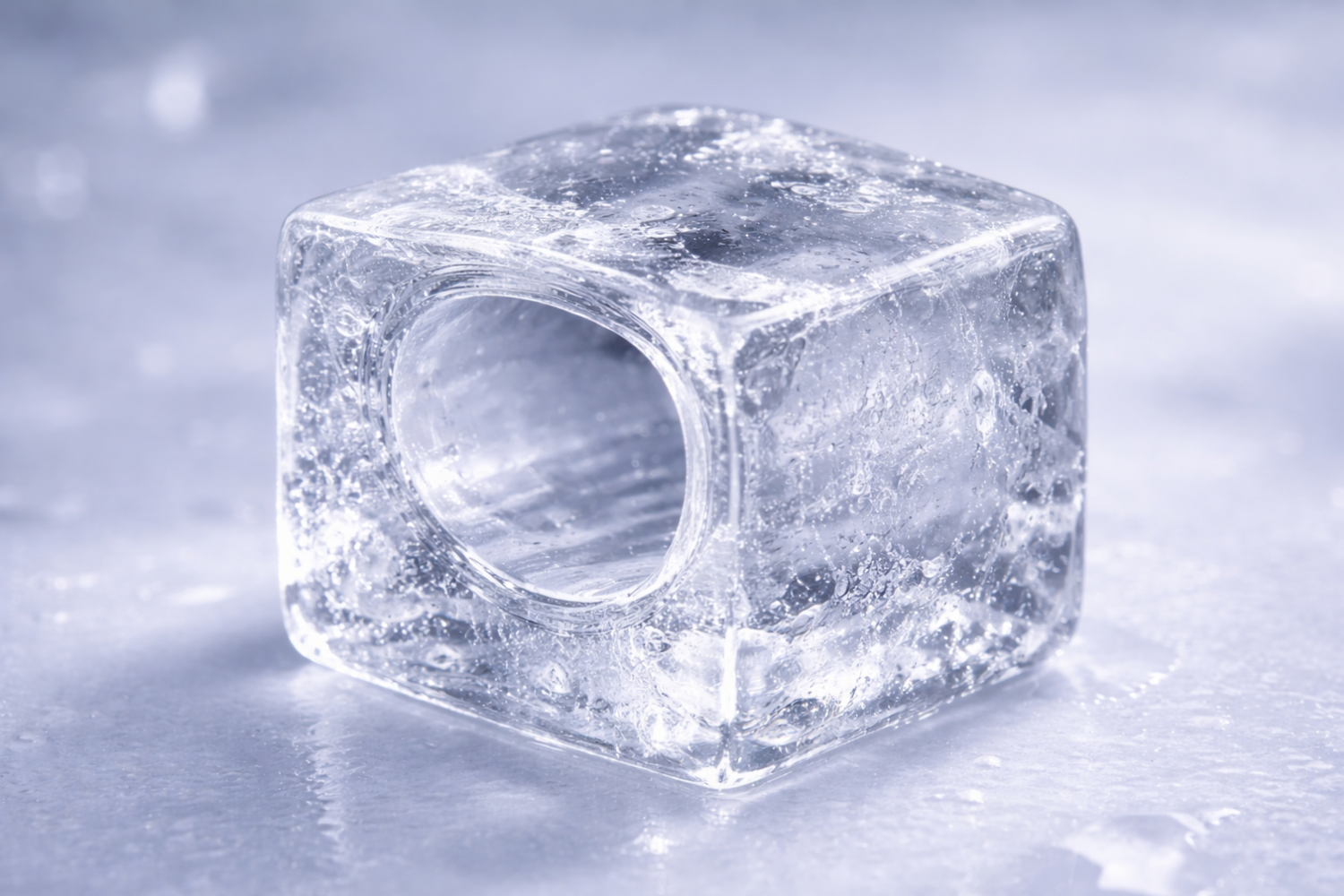 A hollow ice cube with a hole in the center sits on a wet, reflective surface.