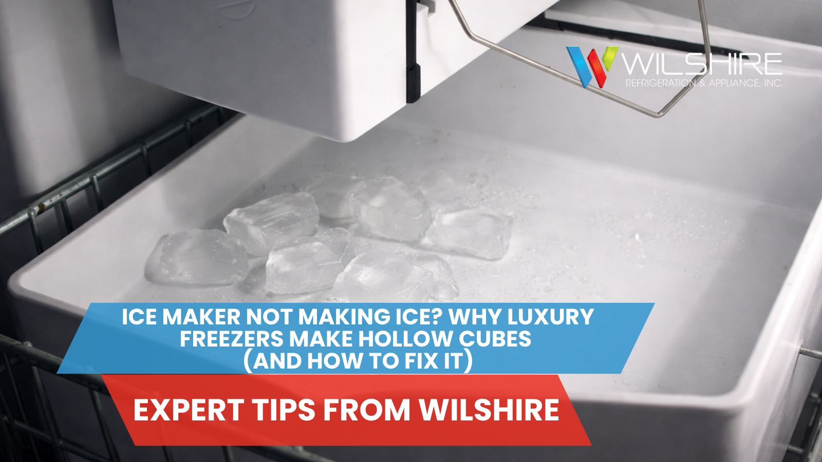 A white ice cube tray filled with few ice cubes, with a metal arm extending from the top.