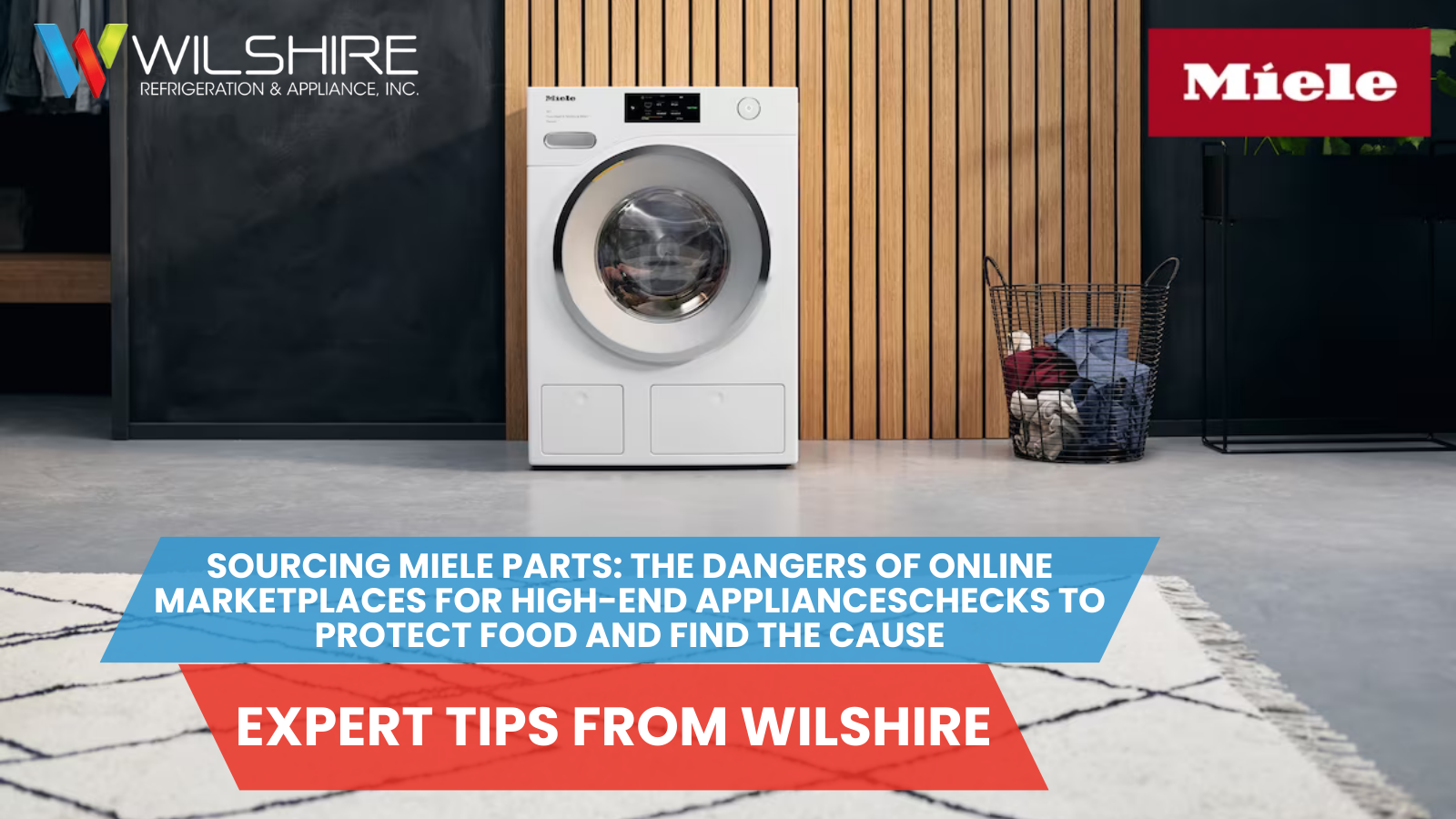 A white Miele washing machine is shown in a modern laundry room with a basket of clothes and a patterned rug.