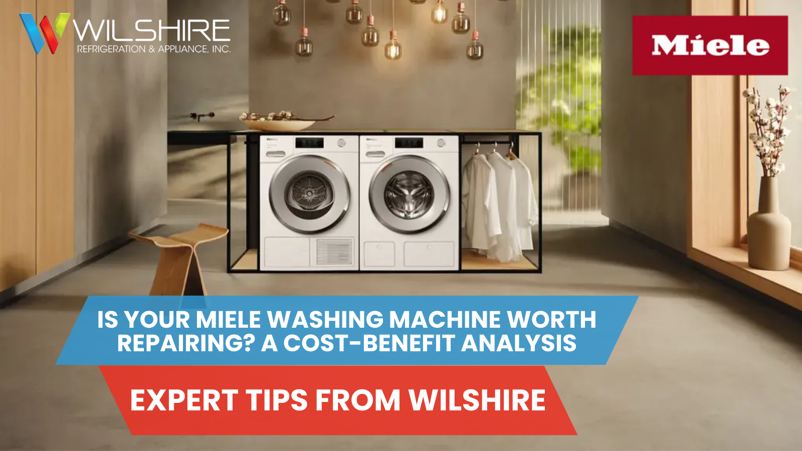 A modern laundry room with two white Miele washing machines, a rack of clean white shirts, a wooden stool, and decorative lighting.
