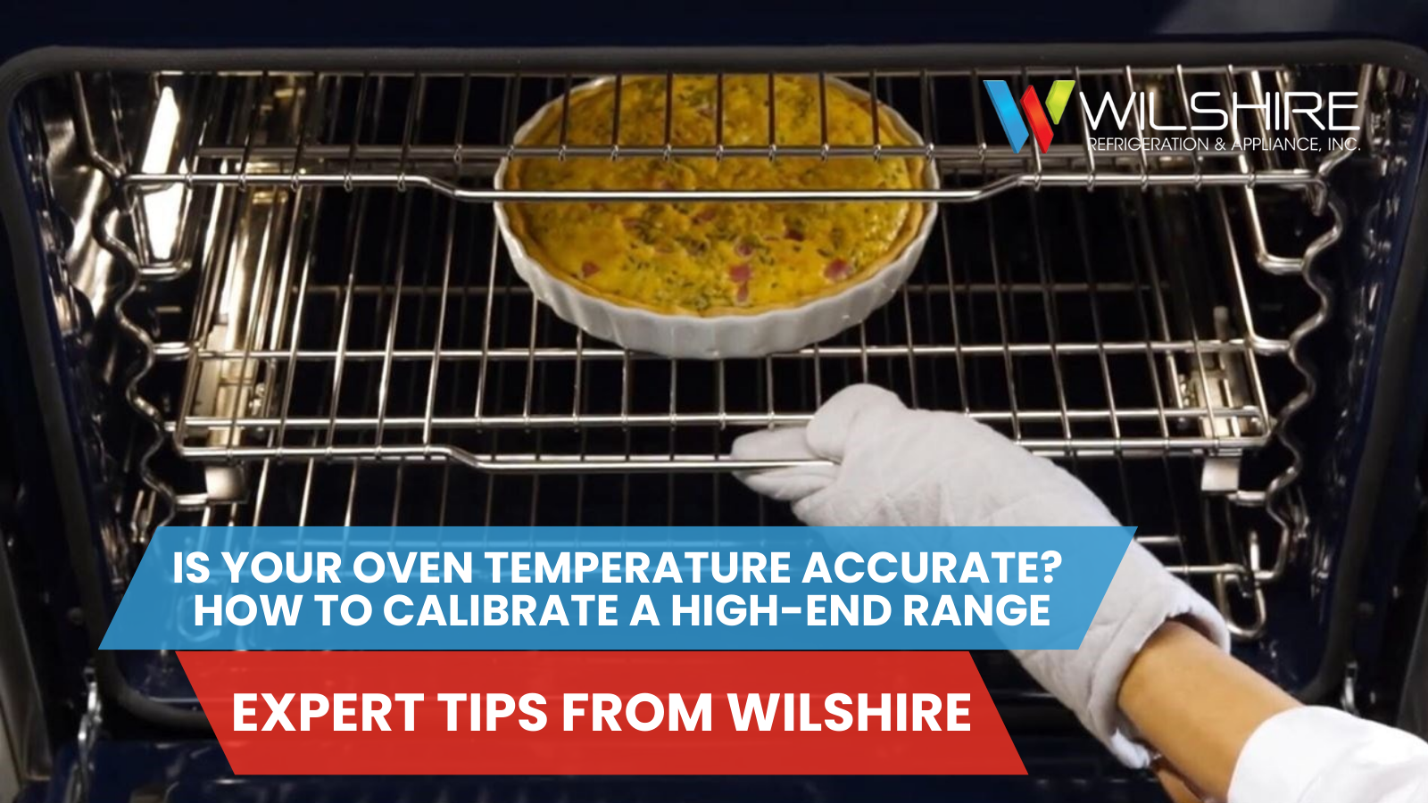 A hand wearing a quilted oven mitt is placing a quiche in a white ceramic dish onto a rack inside an oven.