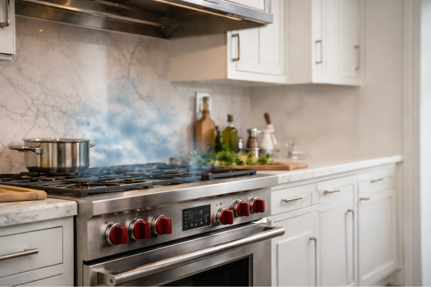 A stainless steel stove with red knobs, with a pot of food steaming on the burner and a marble backsplash behind it.