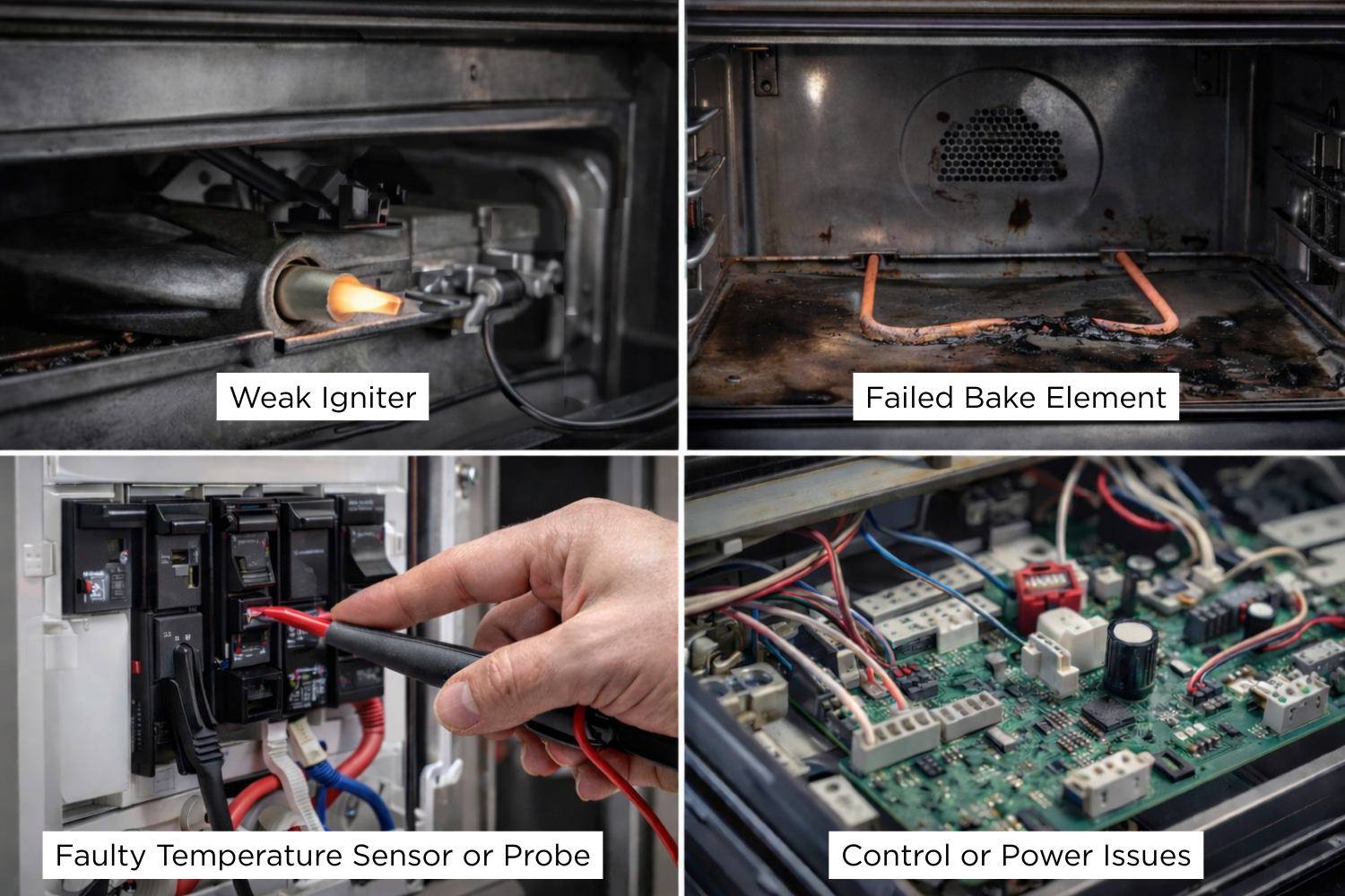 A collage of four images showing appliance repair: a gas igniter in an oven, a burnt heating element in an oven, a hand testing electrical breakers with a multimeter, and a close-up of a complex circuit board with many wires.