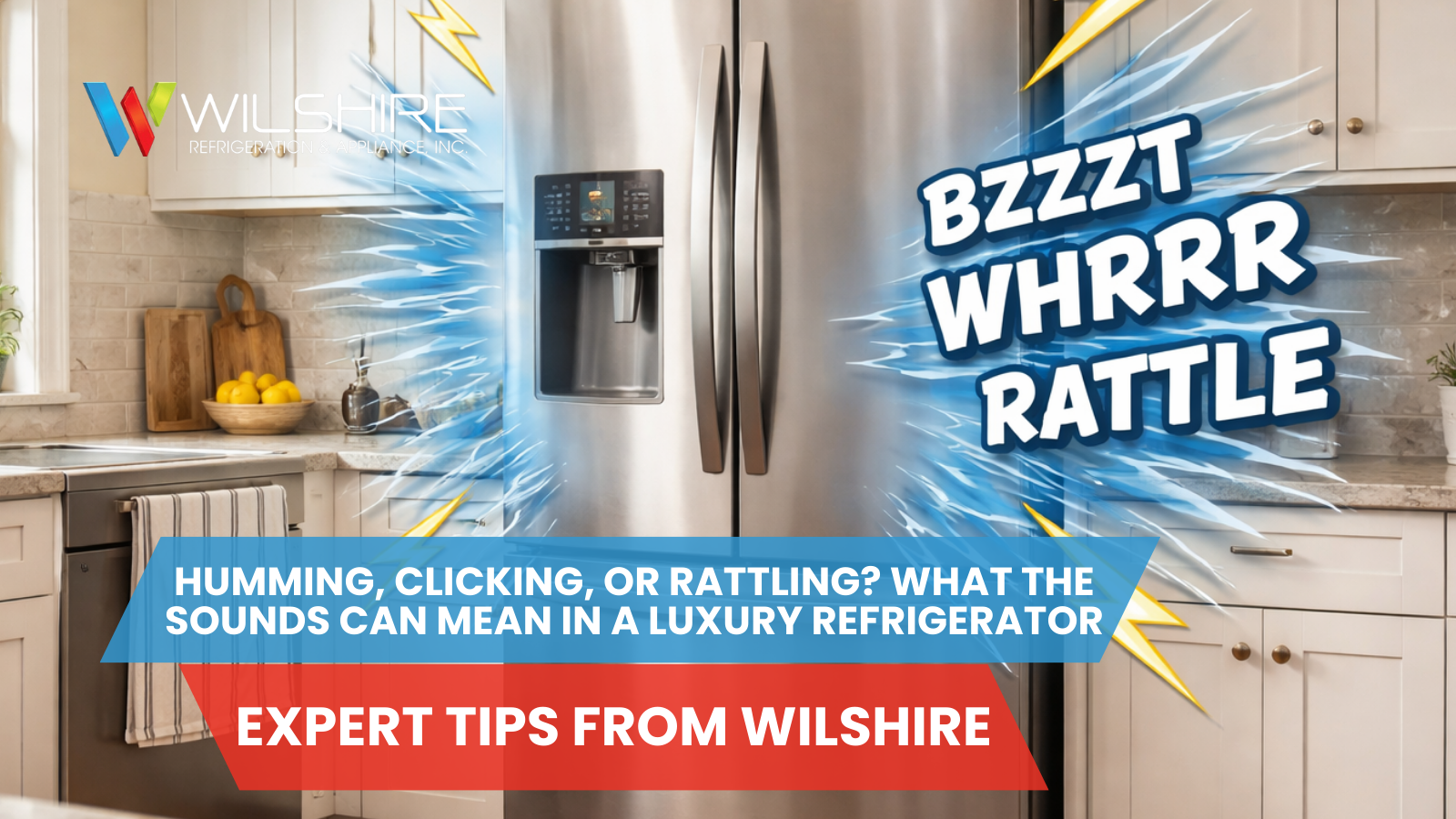 A stainless steel refrigerator in a kitchen with sound effects like BZZZT, WHRRR, and RATTLE emanating from it.