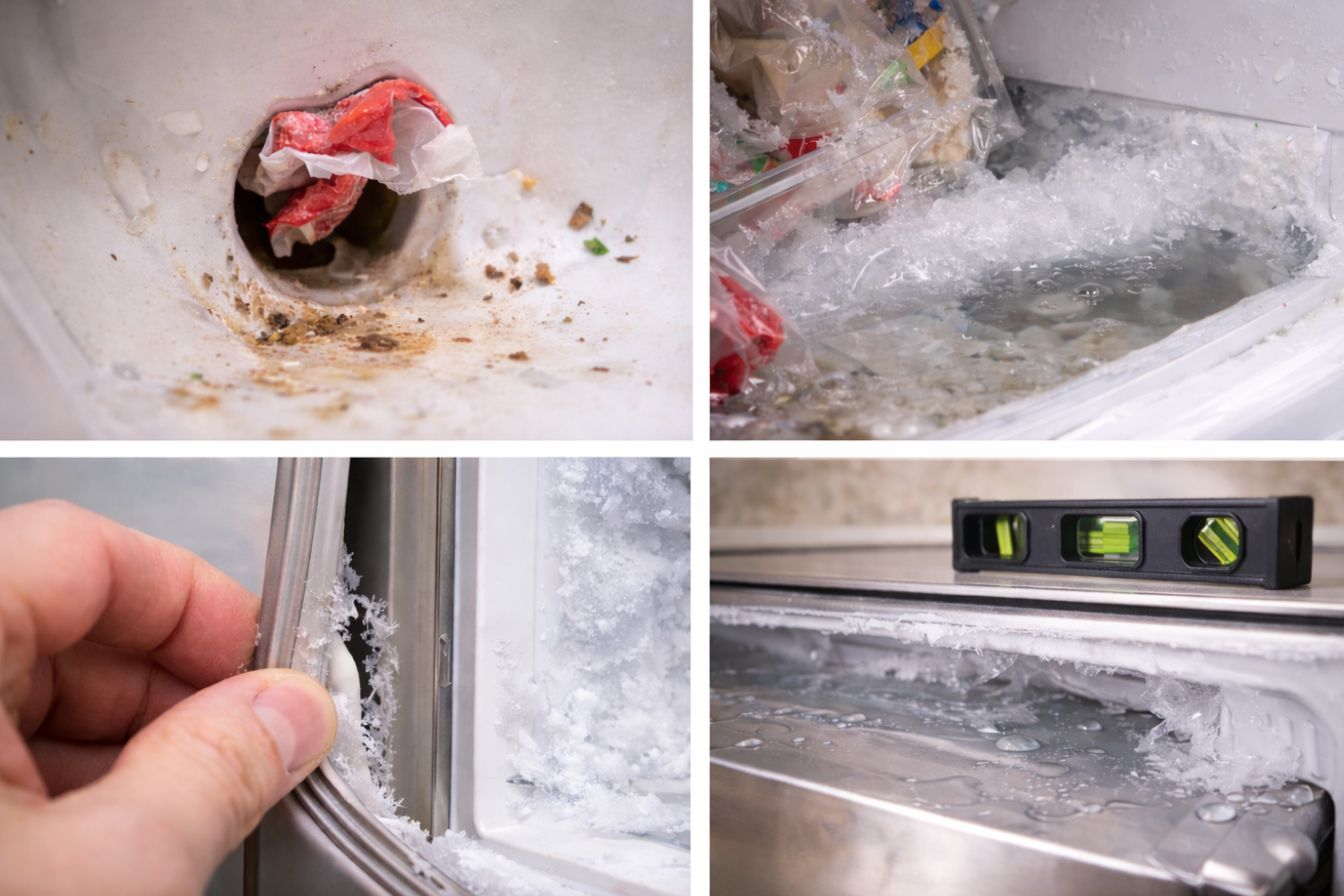 Collage of four images showing a clogged drain, a freezer overflowing with ice and trash, frost buildup on a freezer door seal, and a level tool on a frozen freezer surface.