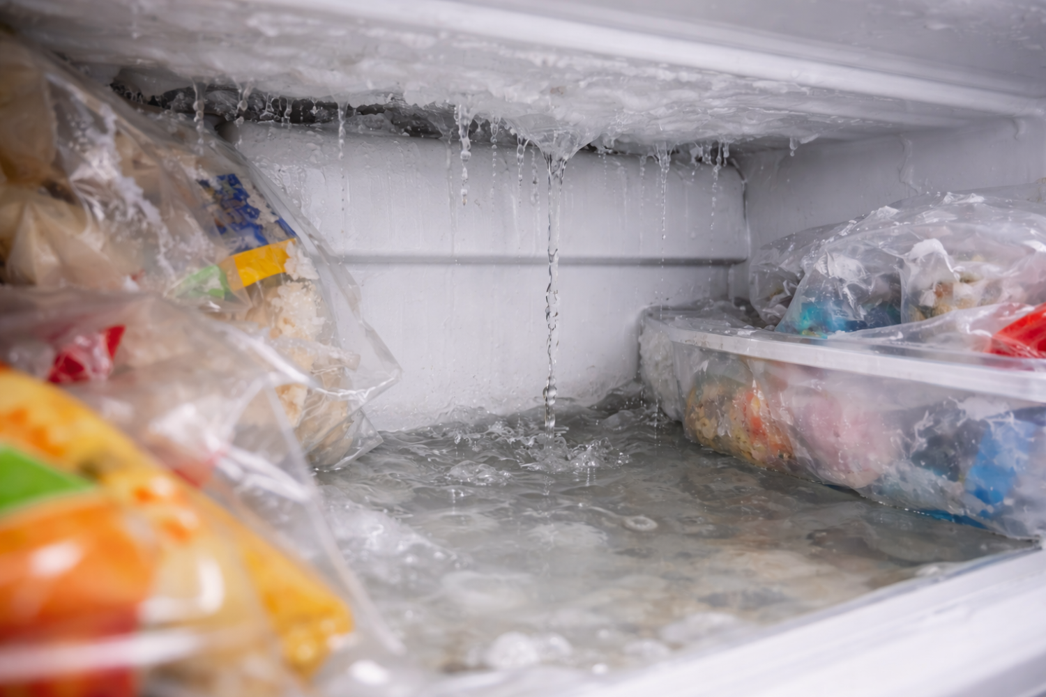Water is dripping from the icy ceiling of a freezer onto frozen food bags and pooling on the floor of the freezer.