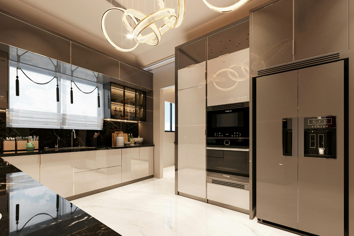 Built-in refrigerator vs freestanding comparison in modern kitchen with stainless steel French door fridge and marble island