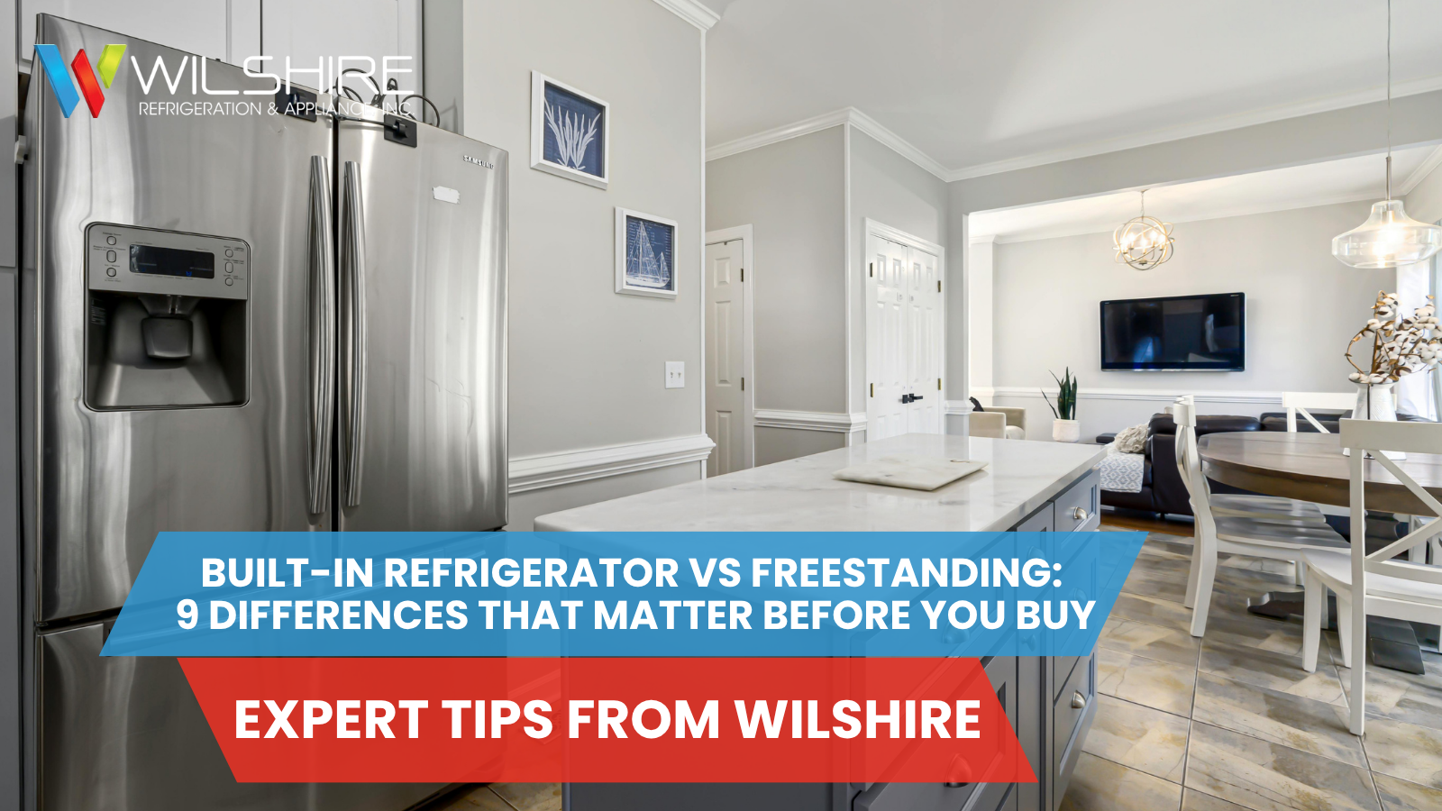 Built-in refrigerator vs freestanding comparison in modern kitchen with stainless steel fridge and marble island