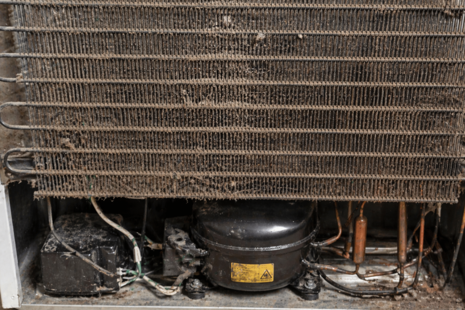 How to clean refrigerator coils showing dusty compressor and condenser buildup reducing efficiency