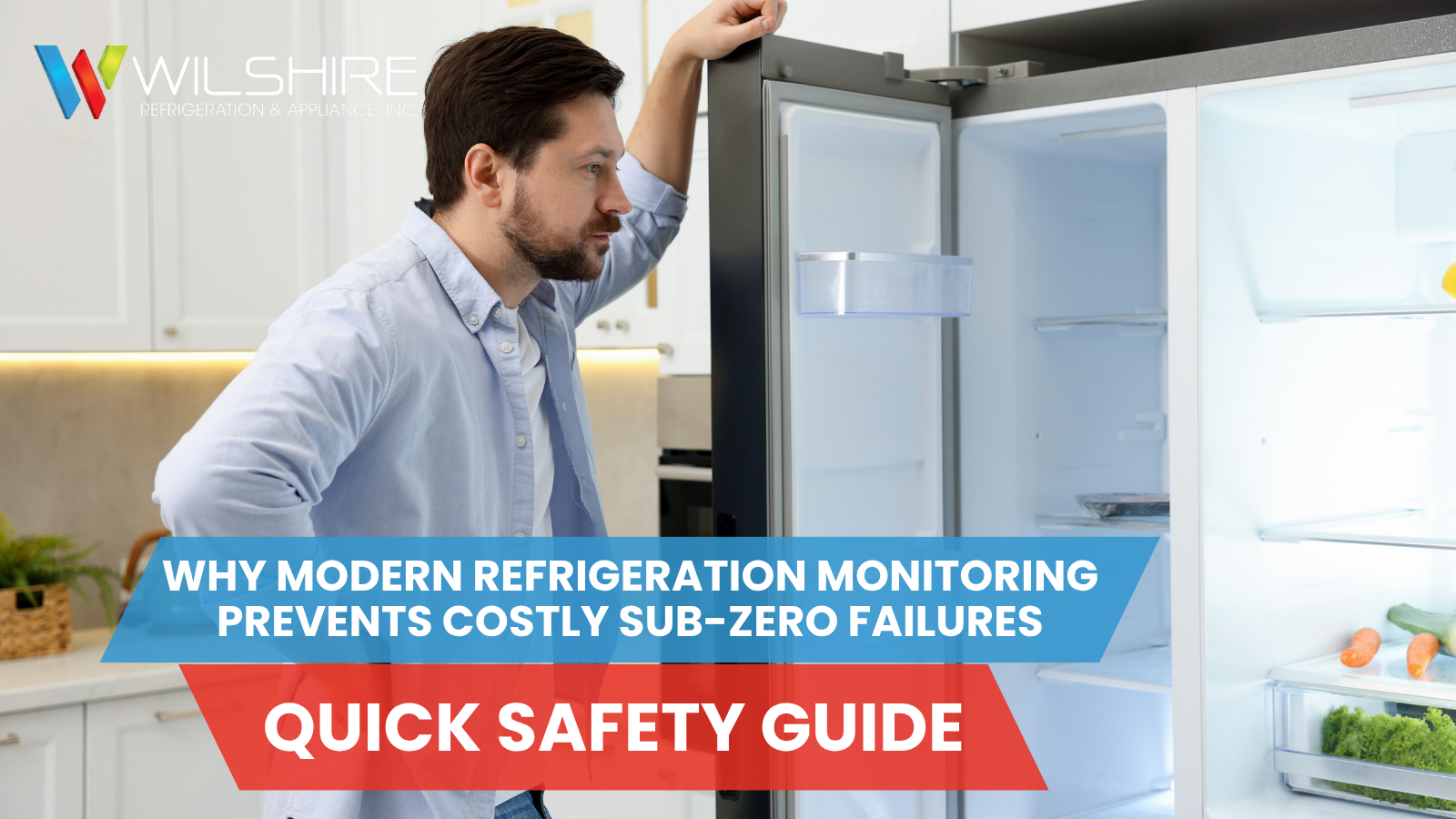 A person looks into an empty refrigerator with only a few vegetables in the crisper drawer.