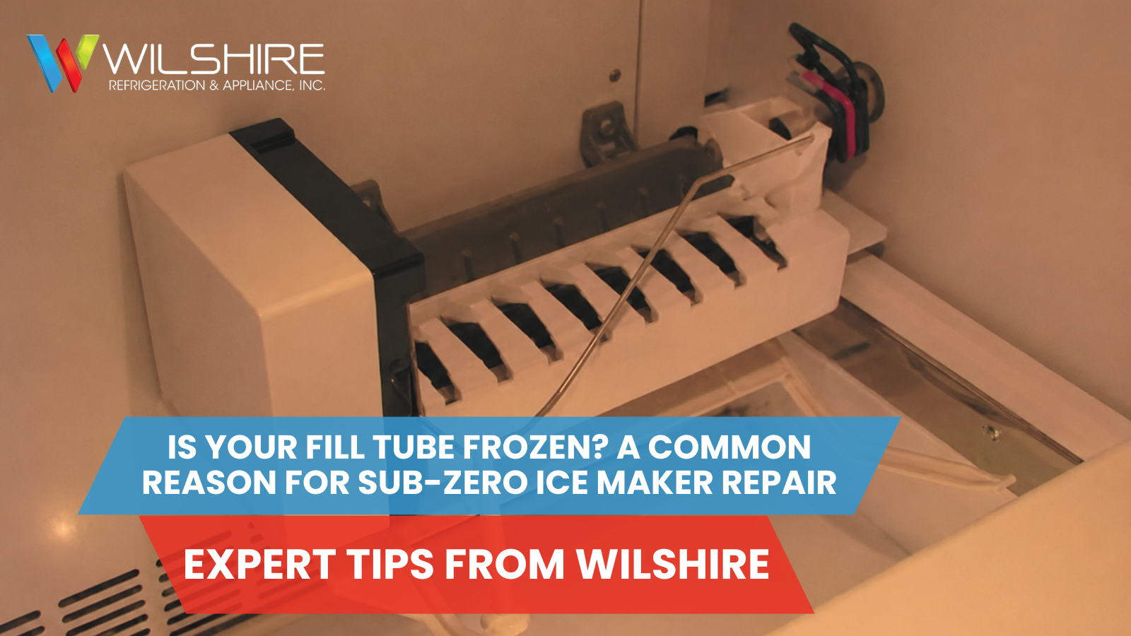 Sub-Zero ice maker assembly inside a freezer showing the fill tube area and ice tray components