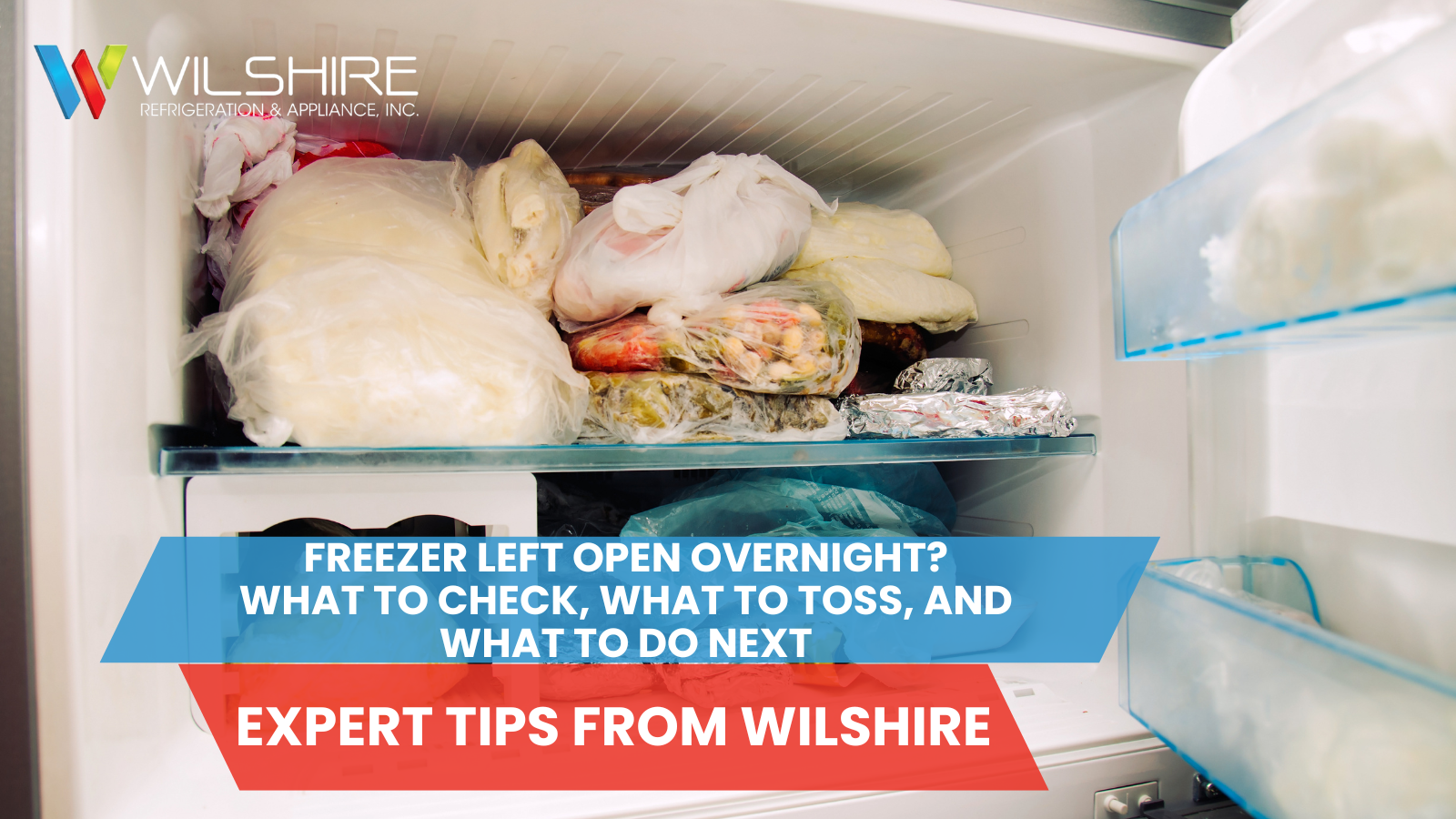 Overstuffed freezer with food bags after being left open overnight, showing frost and thawing items, highlighting what to check and what food to toss for safety