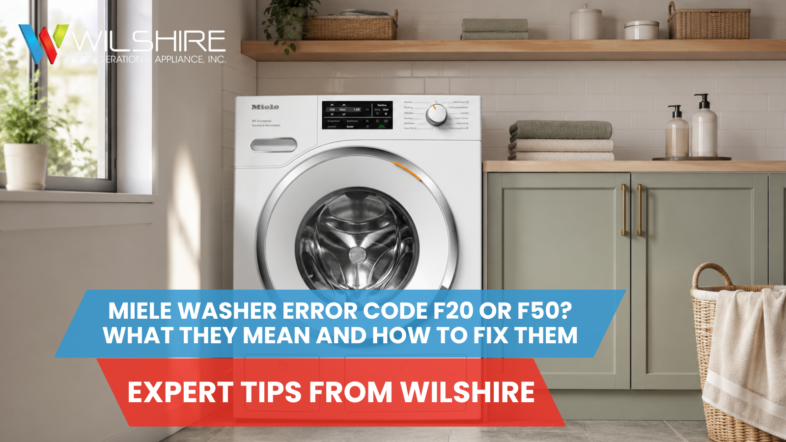 A white Miele washing machine is in a laundry room with sage green cabinets and a wicker basket with a towel.