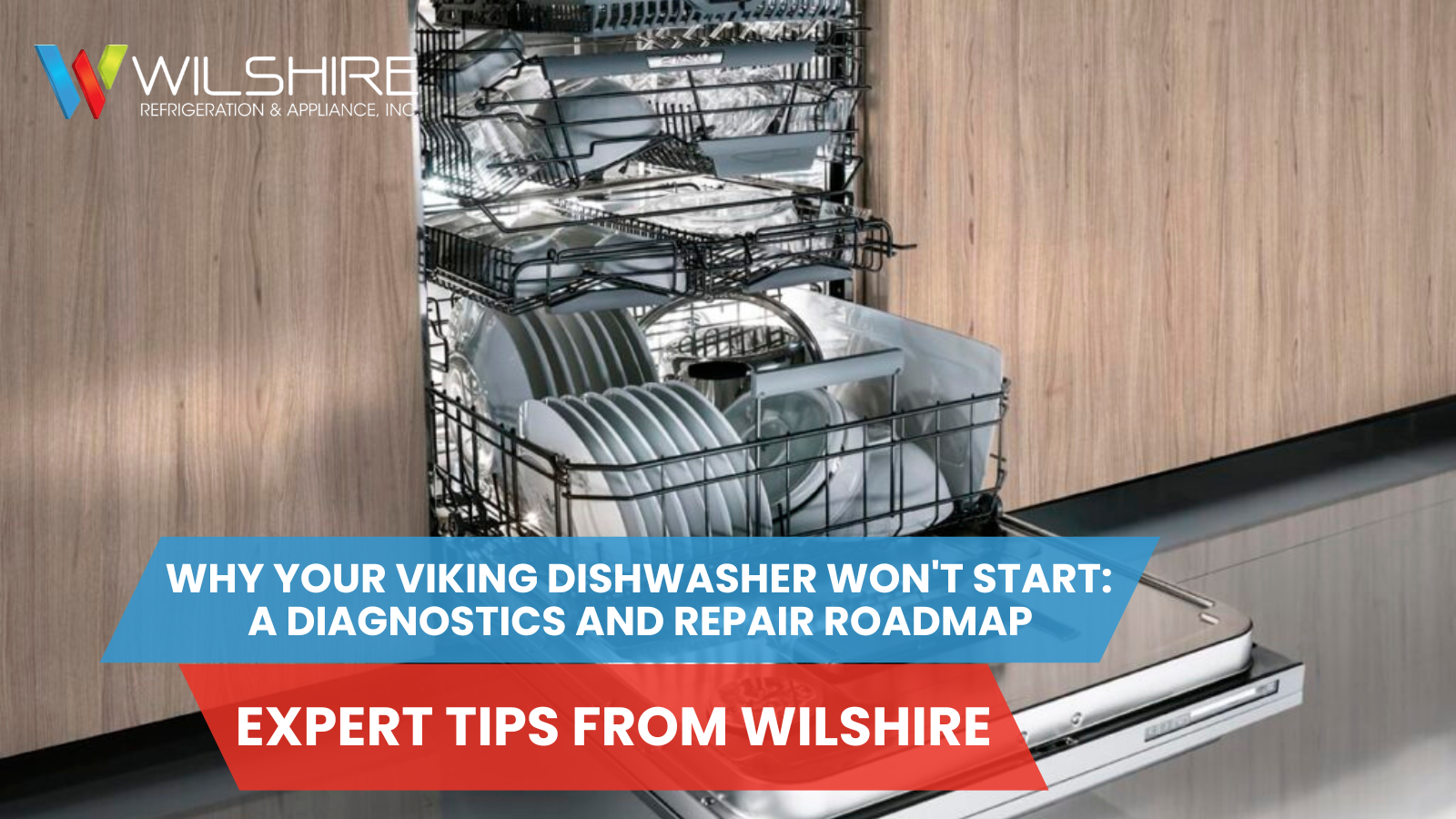 An open Viking dishwasher filled with clean dishes, including plates and glasses, with wooden cabinet doors in the background.