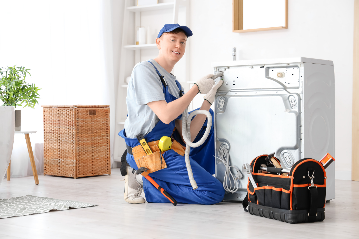 Technician inspecting washer connections