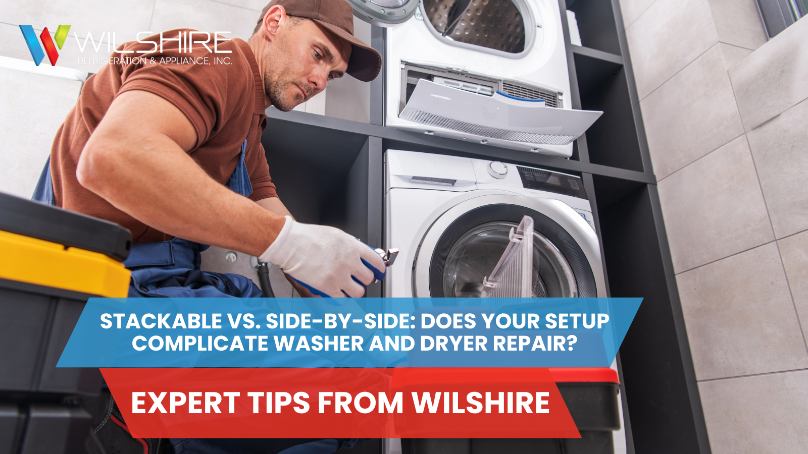 Technician repairing a stackable washer and dryer
