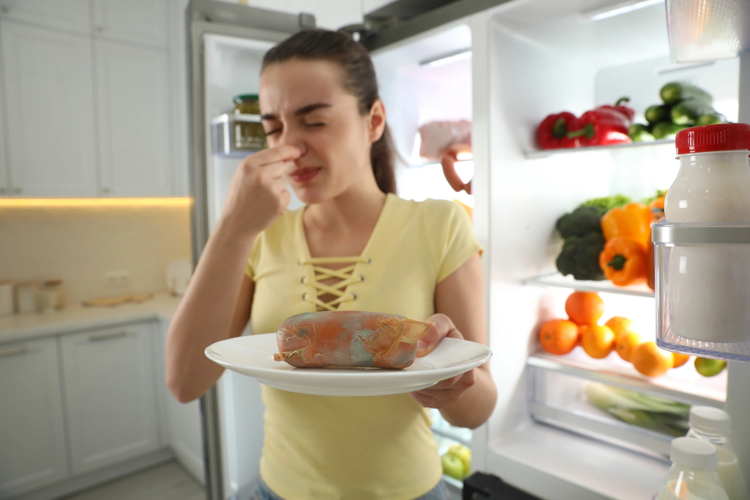 Woman smelling spoiled food from an open refrigerator needing Viking refrigerator troubleshooting