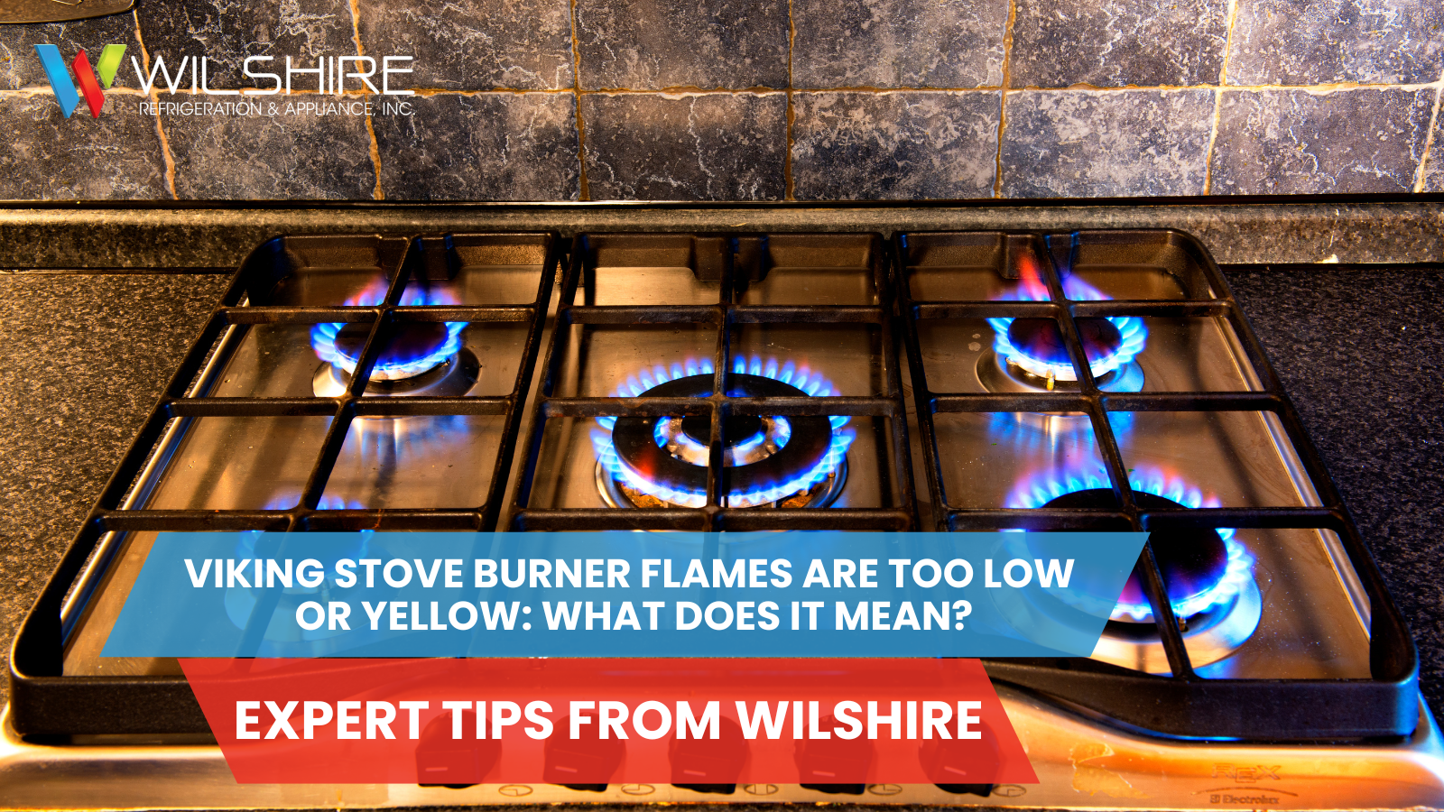 A Viking-style gas cooktop with steady blue flames highlights proper burner performance after professional stove service.