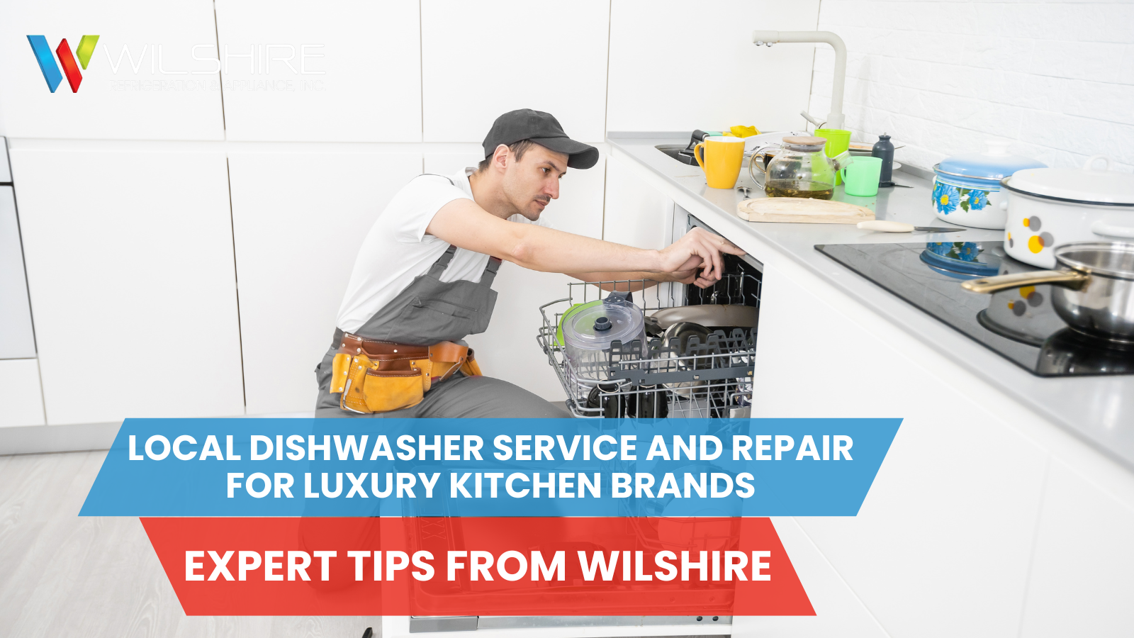 A technician wearing a tool belt and a cap works on an open dishwasher in a modern kitchen.