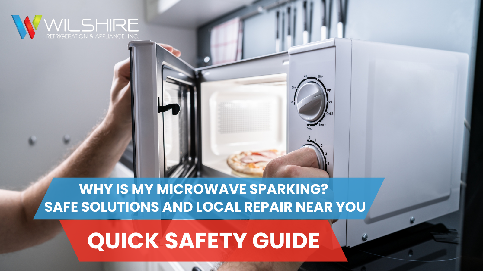 A hand opens a microwave to reveal a pizza inside, while another hand adjusts the microwave's knobs.