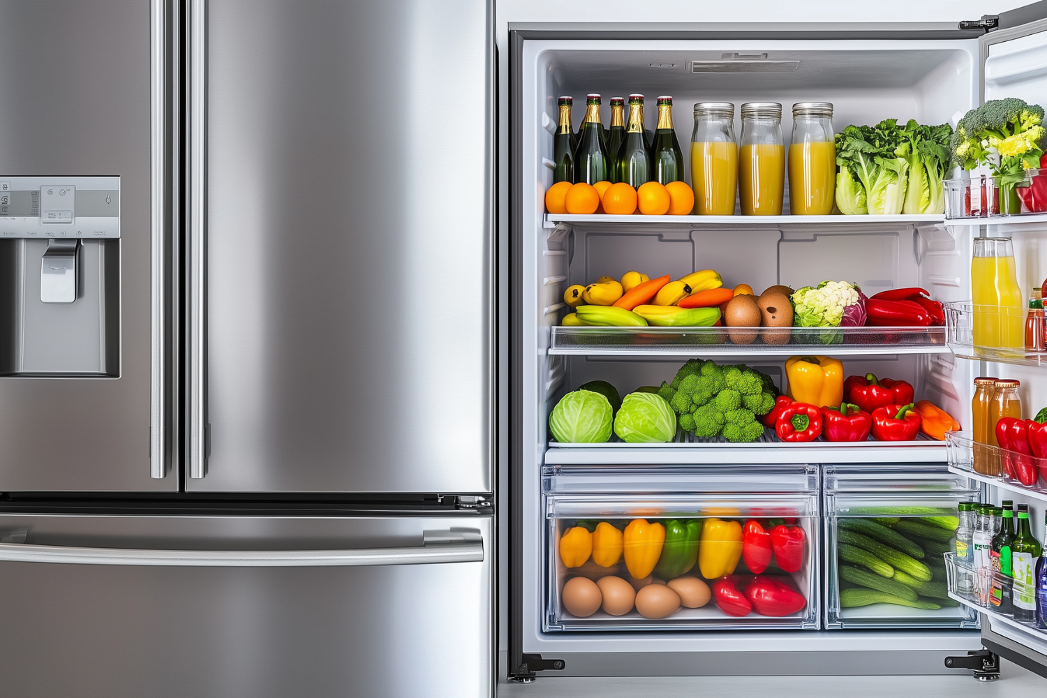 A stainless steel refrigerator with its doors open, revealing shelves stocked with fresh fruits, vegetables, eggs, and bottled drinks.