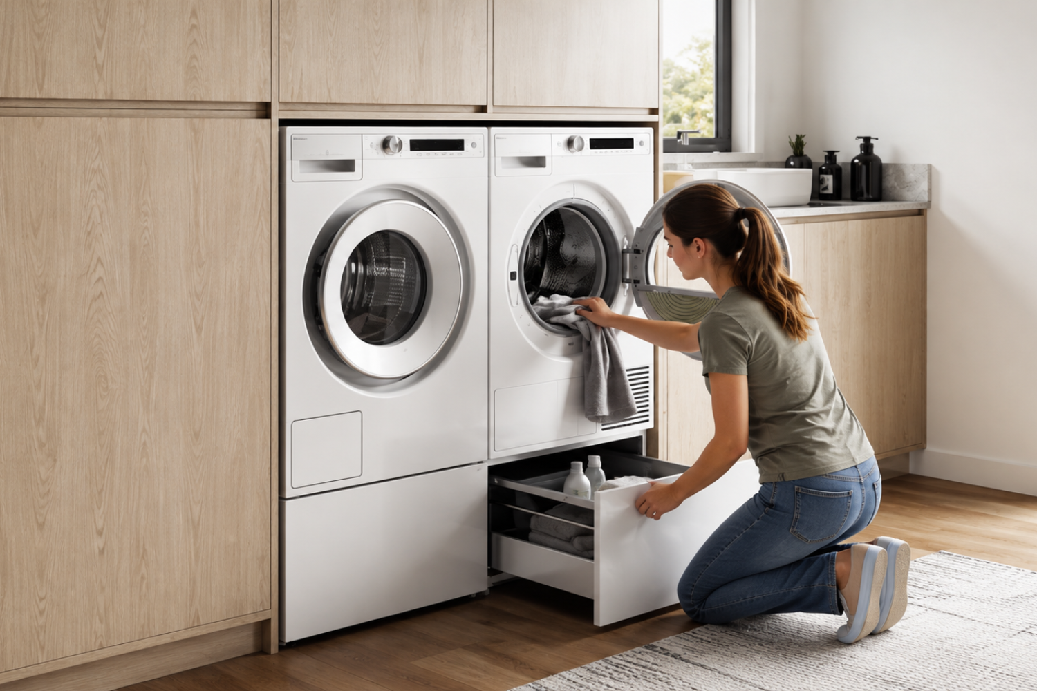 Woman cleaning the door seal and lower drawer area of an ASKO front-load washer during routine maintenance.