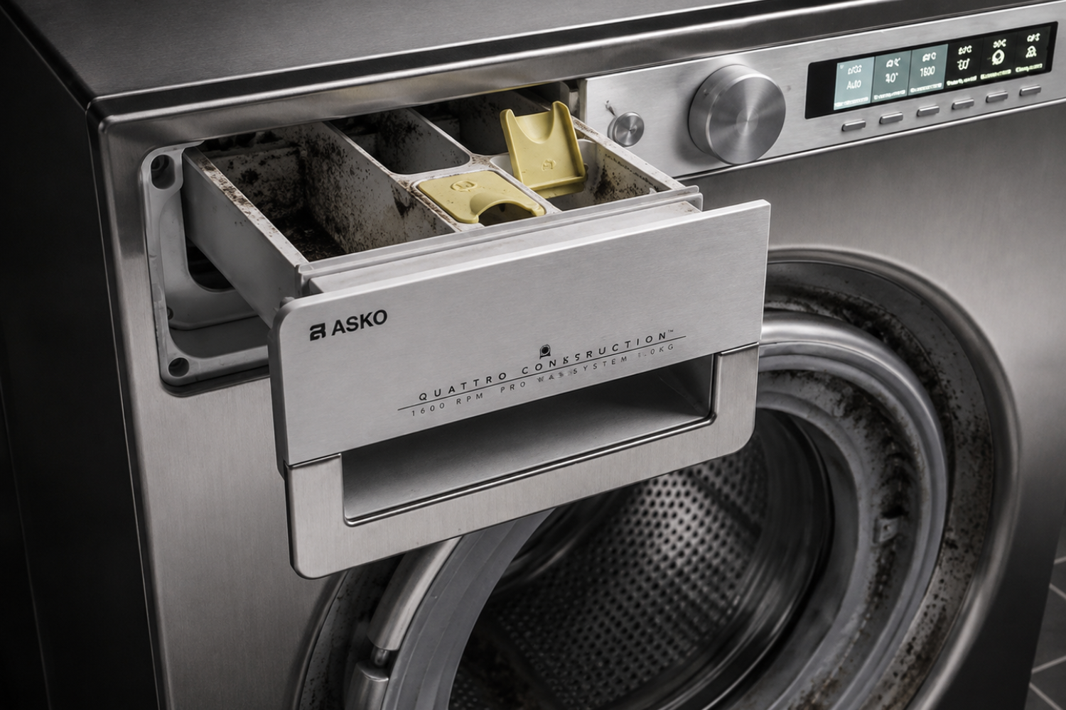 ASKO washer with mold and detergent residue buildup in the detergent drawer and around the door seal.