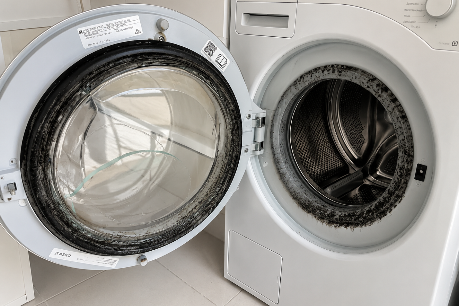 ASKO front-load washer with heavy mold buildup around the open door seal and gasket area.