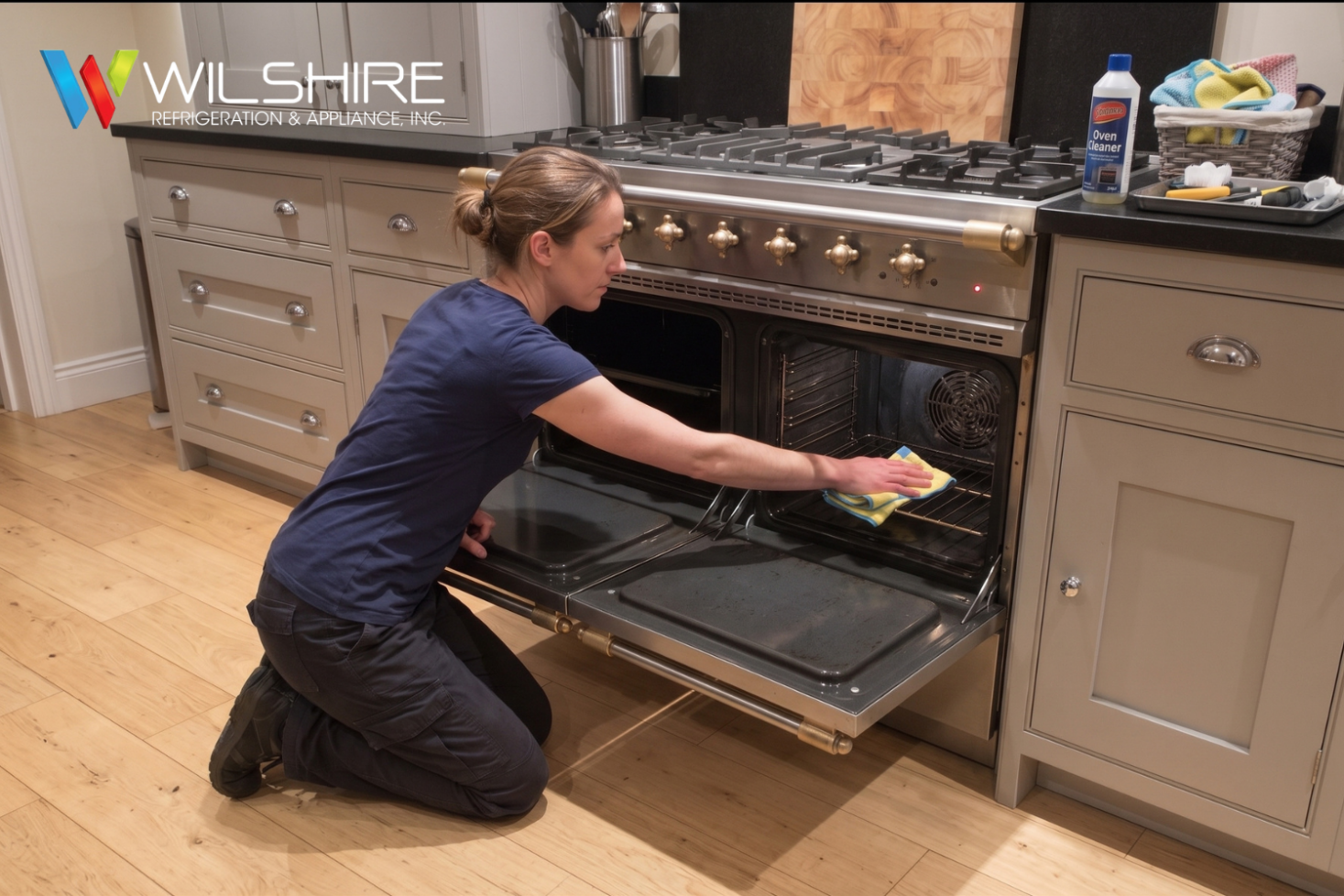A person kneels in a bright kitchen and wipes the open Lacanche oven door and interior with a cleaning cloth, with stove burners and countertops visible in the background.