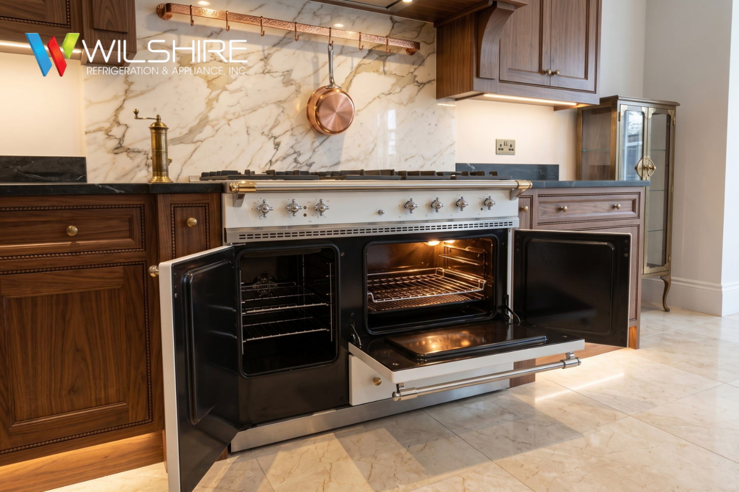 A built-in kitchen range with two open Lacanche ovens, stainless steel doors, and lit interior racks, set against a marble backsplash and wooden cabinets with brass accents.