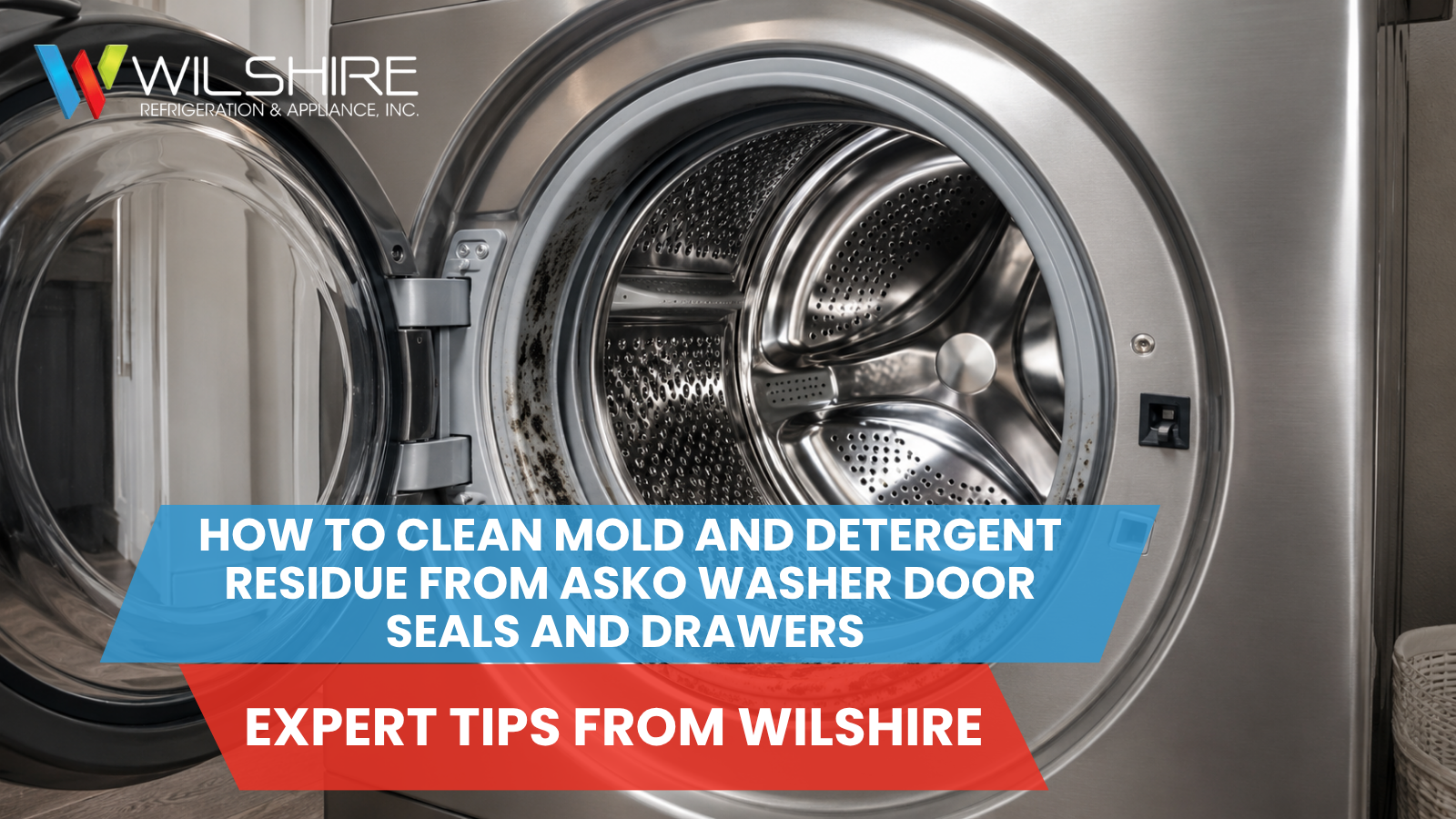 ASKO front-load washer with visible mold buildup around the door seal, showing an area that needs cleaning and routine maintenance.