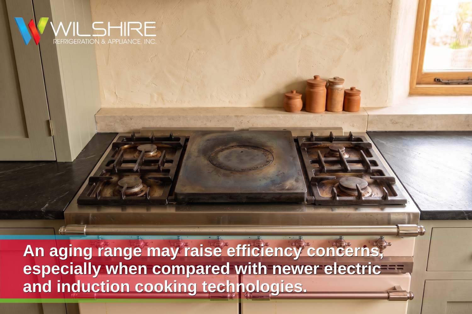 Older kitchen range with worn burners and cooking surface illustrating concerns about declining energy efficiency.