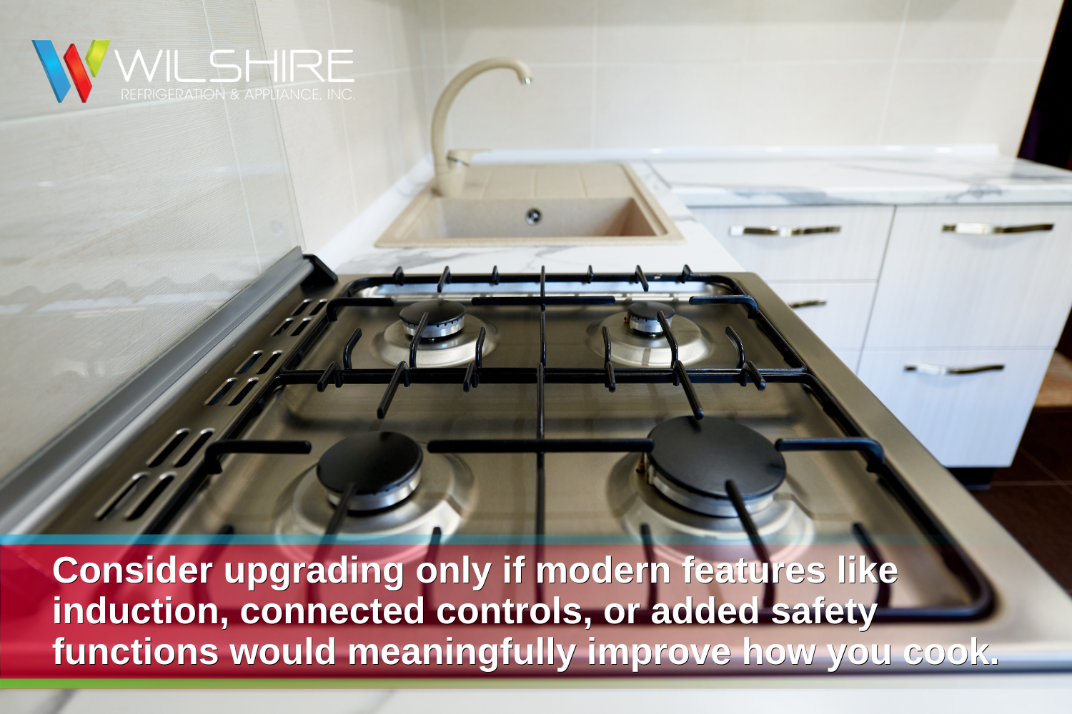 Traditional four-burner gas range in a modern kitchen illustrating a model that lacks newer smart and induction cooking features.