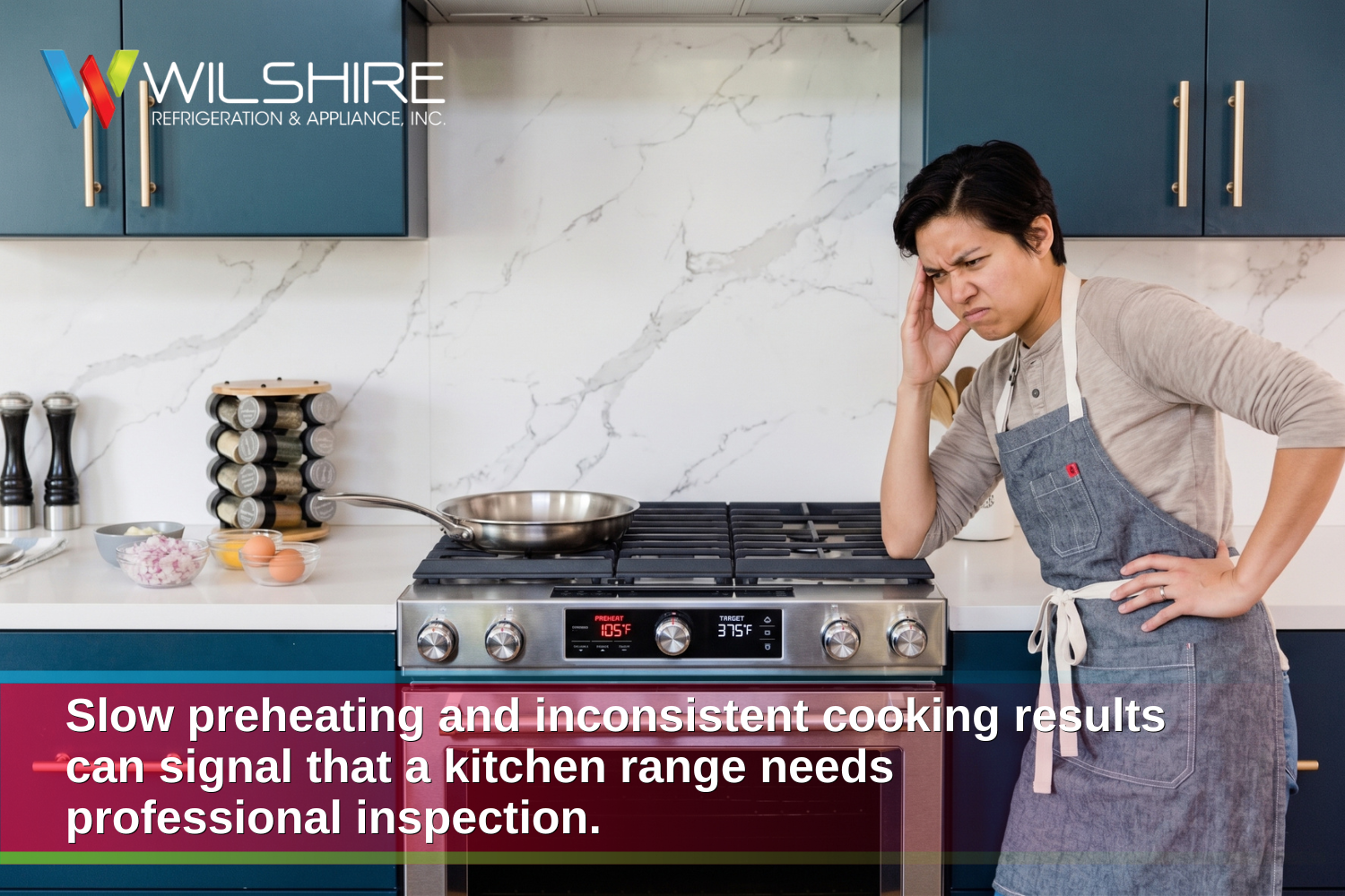 Frustrated home cook beside a kitchen range showing slow preheating and inconsistent cooking performance.