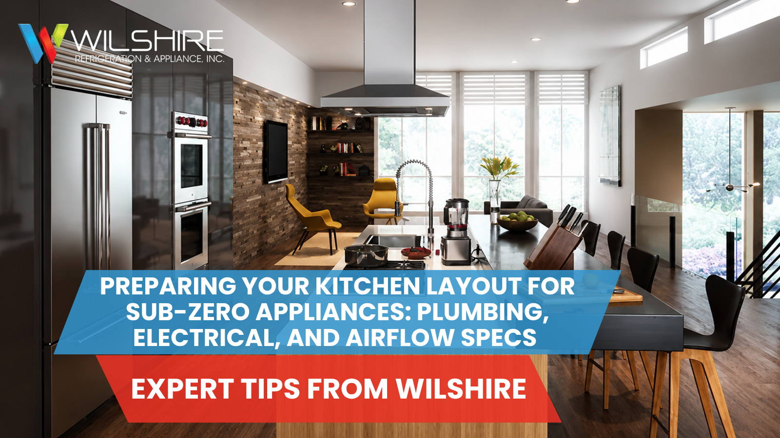 Modern kitchen layout with built-in Sub-Zero refrigerator, cabinetry, island, and ventilation planned for proper appliance installation.