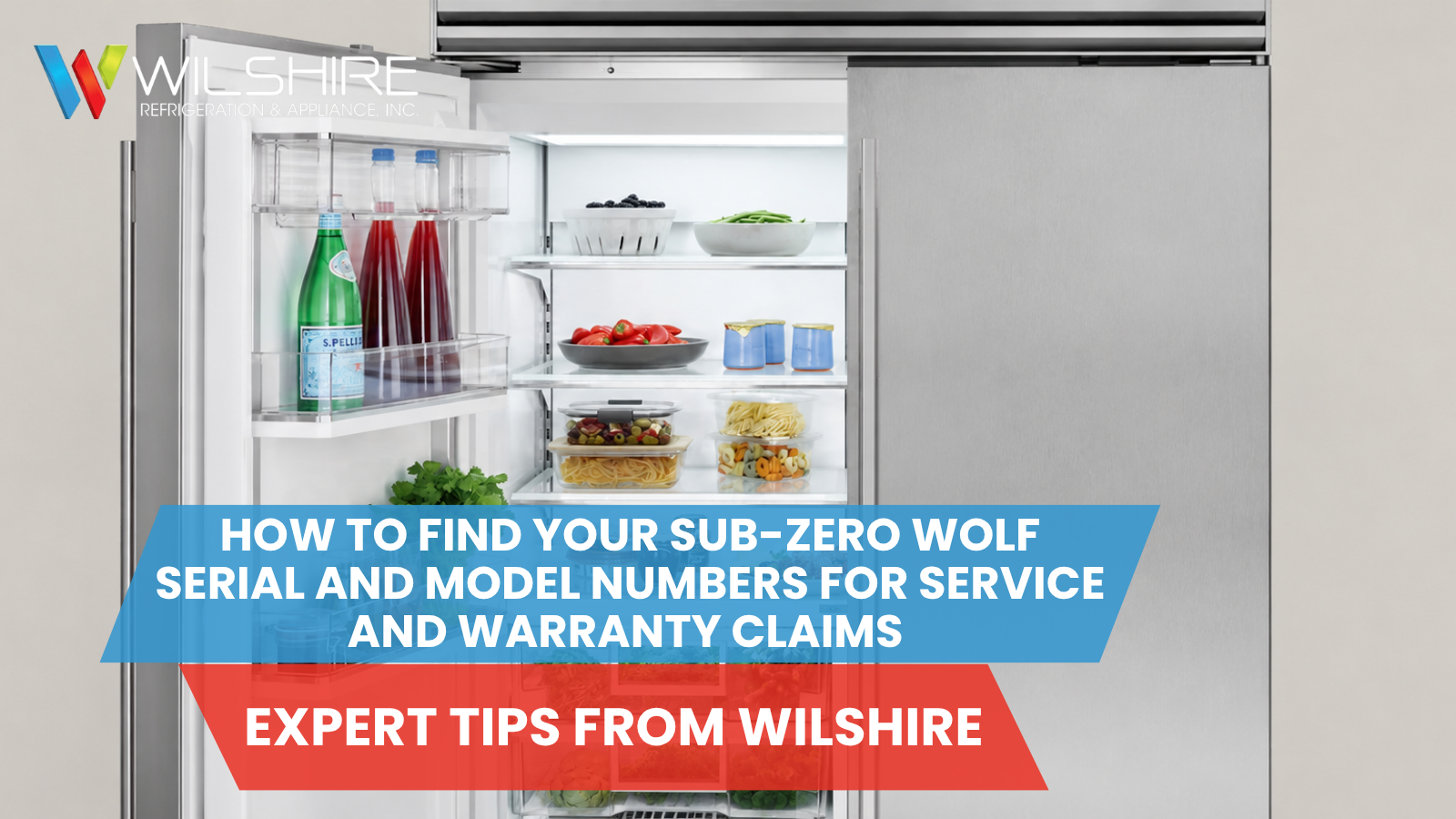 Open Sub-Zero built-in refrigerator with organized shelves, fresh produce, beverages, and food stored in separate compartments.