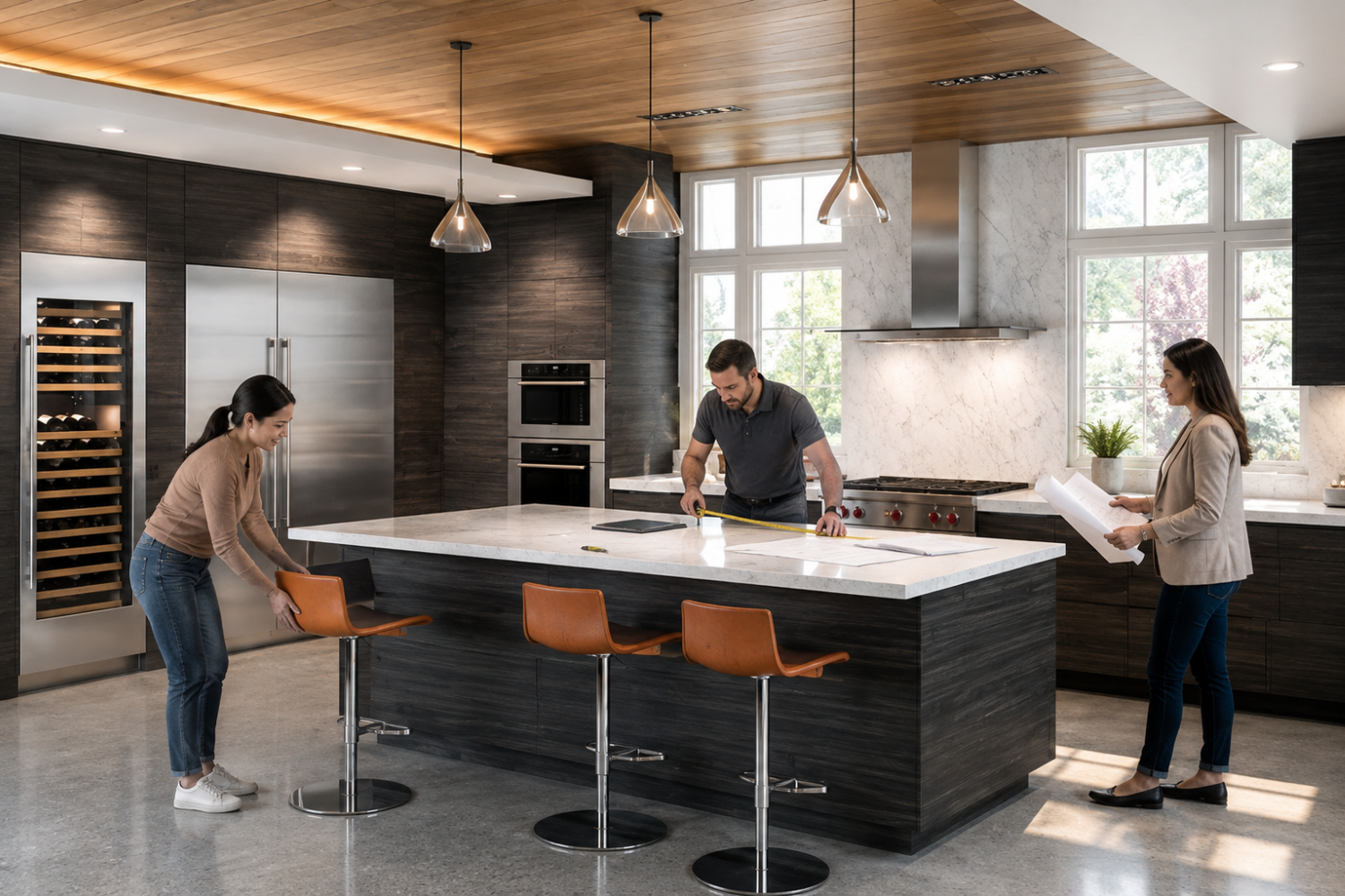 Homeowners and a contractor measuring a modern kitchen layout to prepare space for Sub-Zero appliances, cabinetry, and utilities.