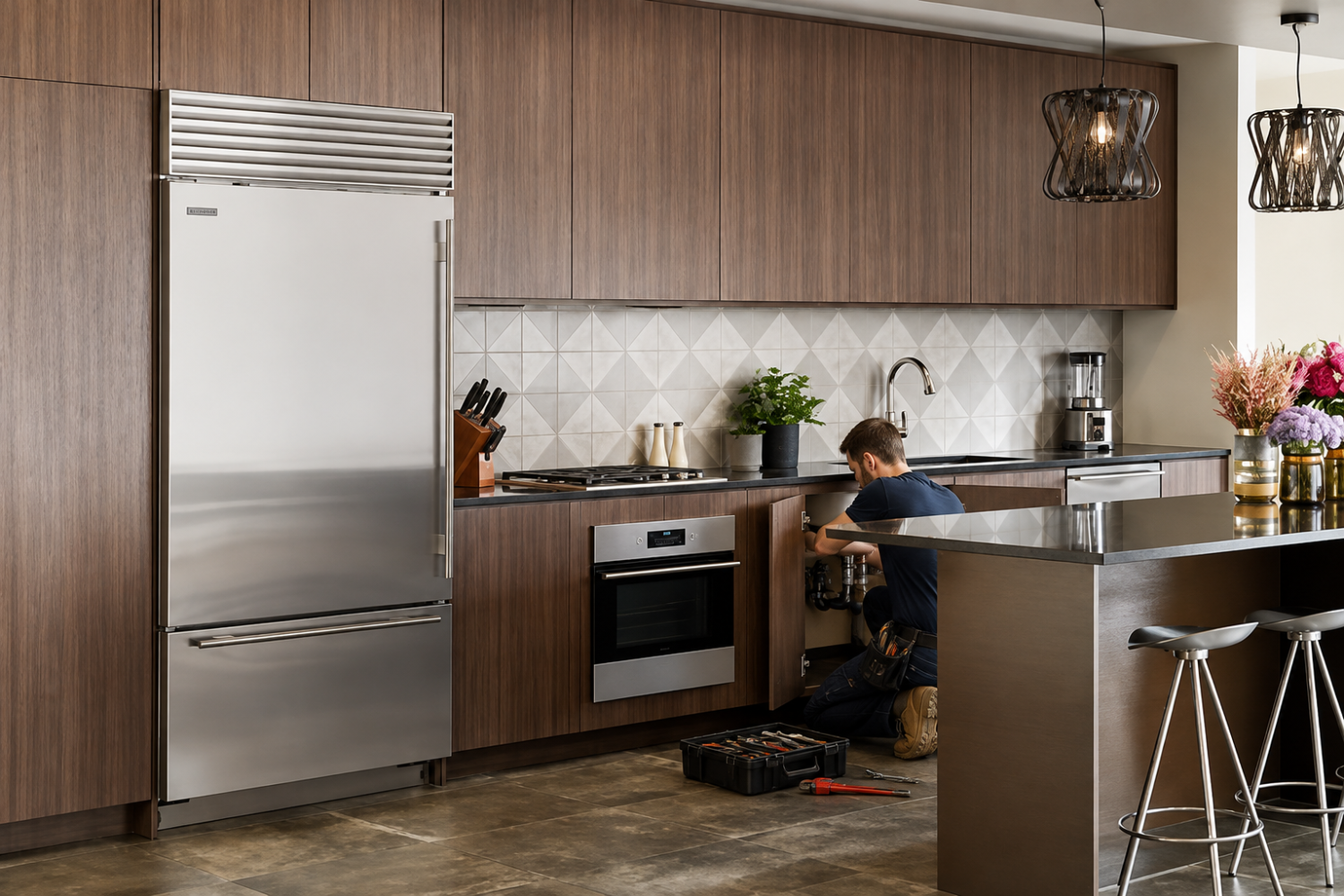 Plumber working under the sink in a modern kitchen with a built-in Sub-Zero refrigerator, showing plumbing preparation for appliance installation.