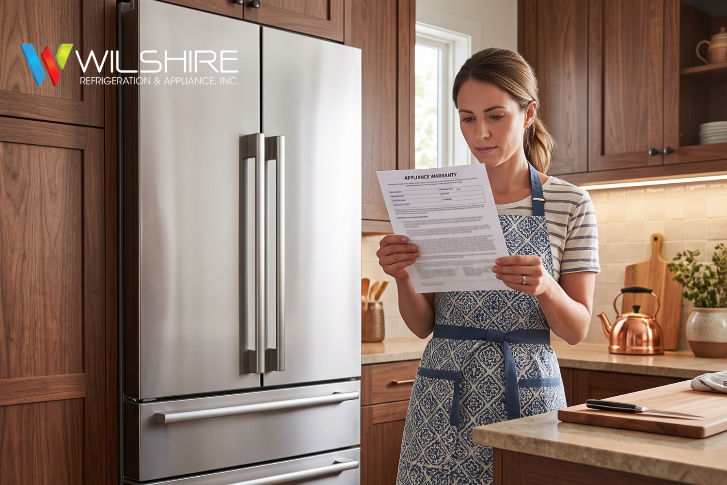 A person in a patterned apron stands in a wood-paneled kitchen holding a printed appliance warranty and reading it, with a stainless refrigerator and countertop appliances nearby.
