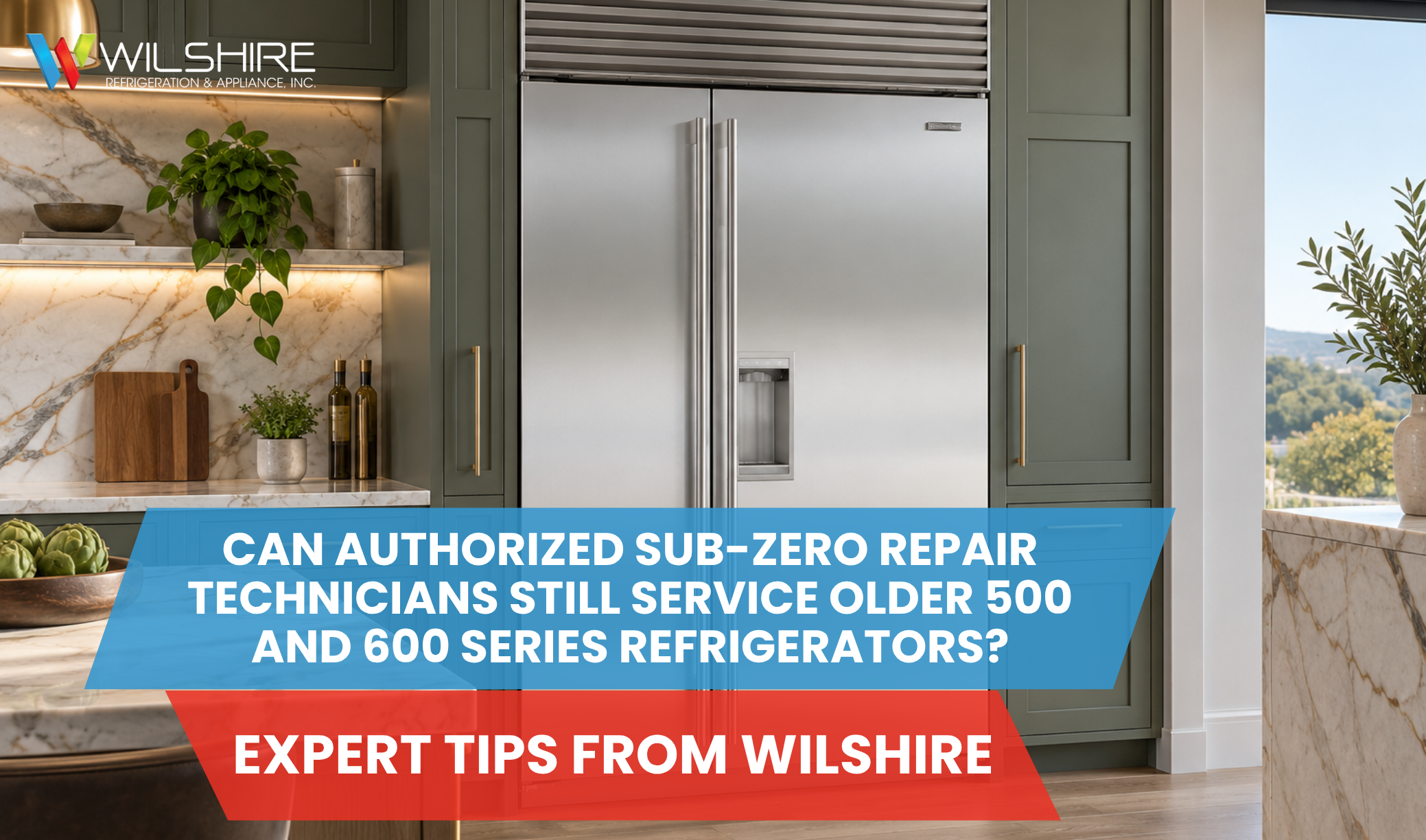 Modern kitchen with stainless steel Sub‑Zero refrigerator, green cabinetry, and marble countertops, promoting expert tips on servicing older Sub‑Zero 500 and 600 series models.