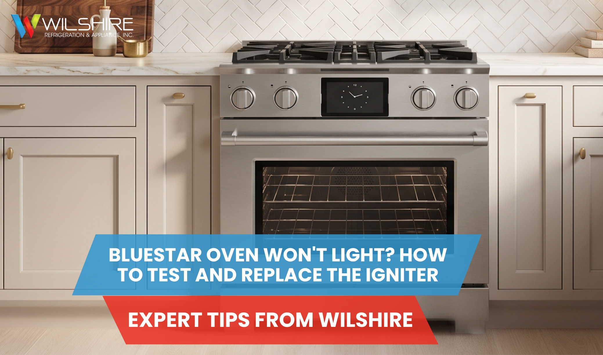 A stainless steel Bluestar gas range and oven in a modern home kitchen, illustrating a guide on troubleshooting burner ignition and lighting problems.