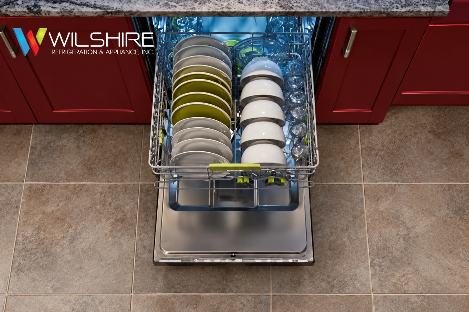 Cove dishwasher built into red cabinetry with racks loaded with plates, bowls, and glasses, illustrating indicator light functions and expert appliance guidance.