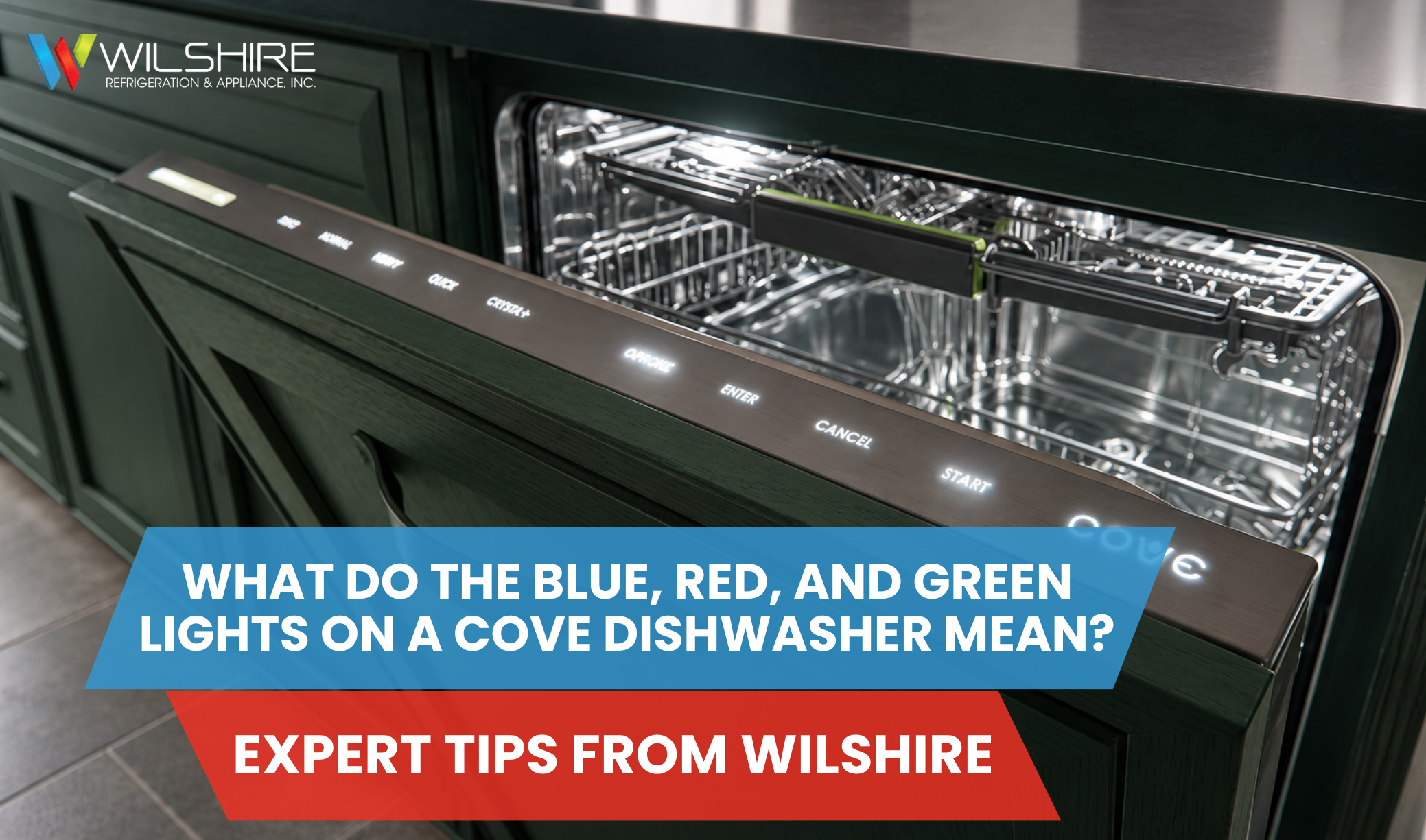 Open Cove dishwasher with illuminated control panel showing cycle options, highlighting expert advice on the meaning of blue, red, and green indicator lights.