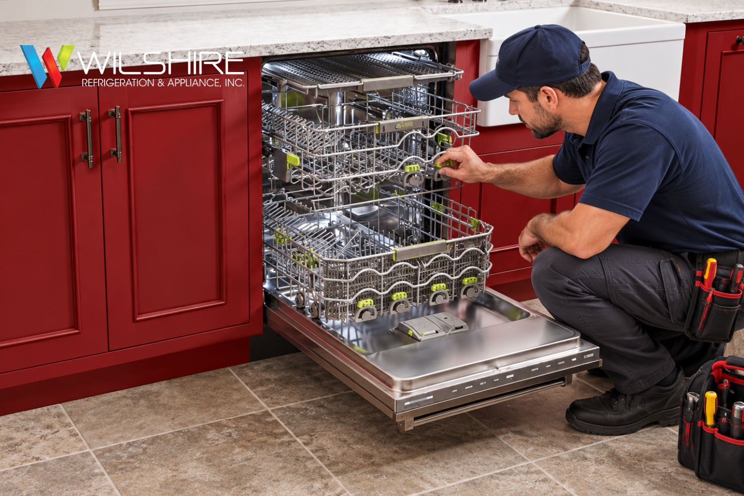 Technician in uniform inspecting the interior of a built‑in Cove dishwasher with red cabinetry and open racks, highlighting professional appliance maintenance and repair.