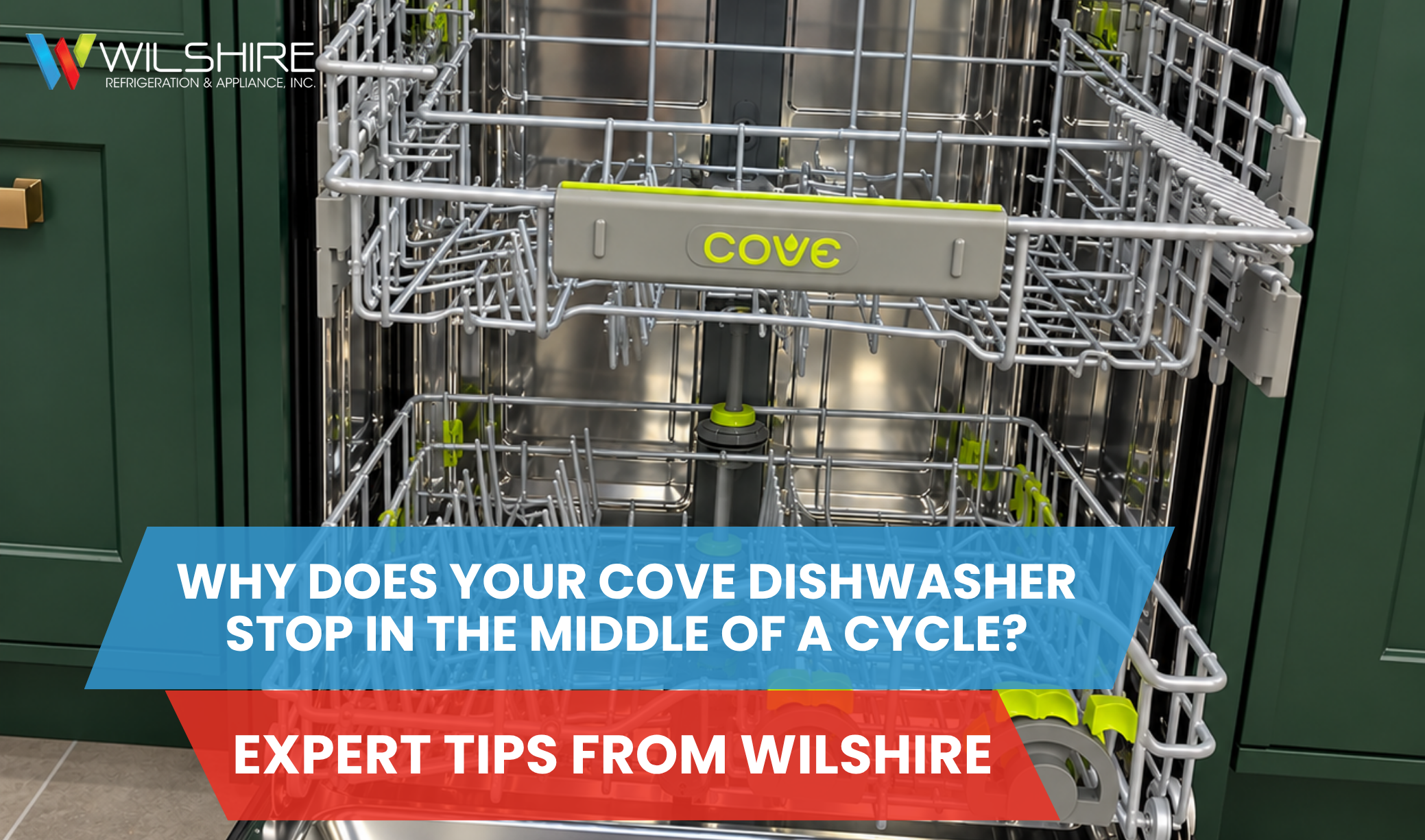 Open Cove dishwasher with empty racks inside green cabinetry, illustrating expert tips on why a Cove dishwasher may stop in the middle of a cycle.