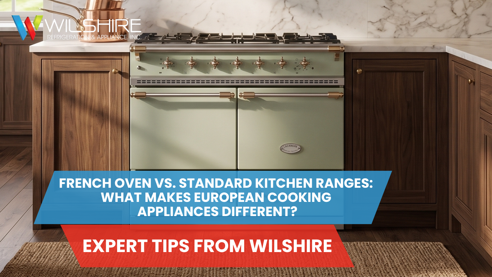 A luxury French-style freestanding range with brass hardware and custom color finishes installed in an elegant kitchen, highlighting the premium design of European cooking appliances.