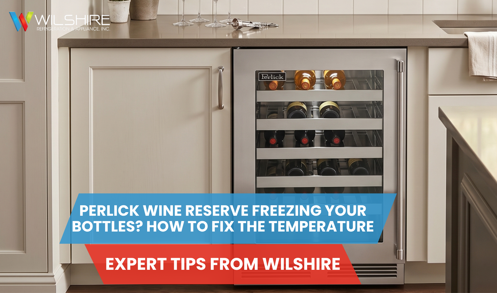 An under-counter Perlick wine cooler stocked with bottles inside home cabinetry, accompanying a guide on regulating appliance temperature and preventing freezing.