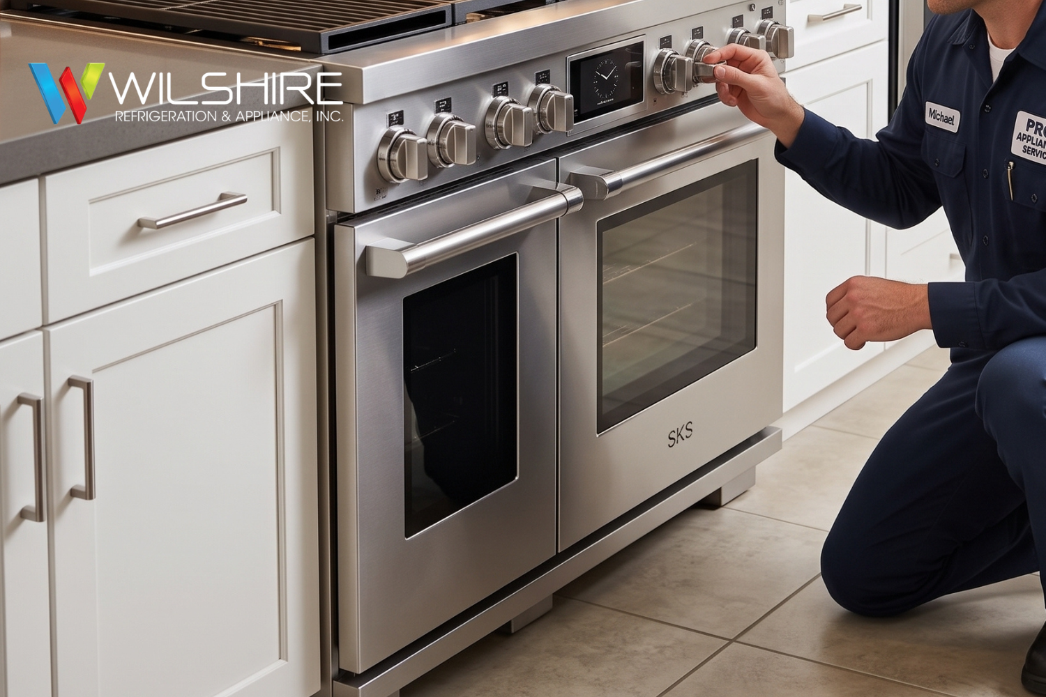 A technician kneels beside a stainless steel gas range, adjusting or inspecting a control knob on the SKS oven and cooktop in a bright kitchen.