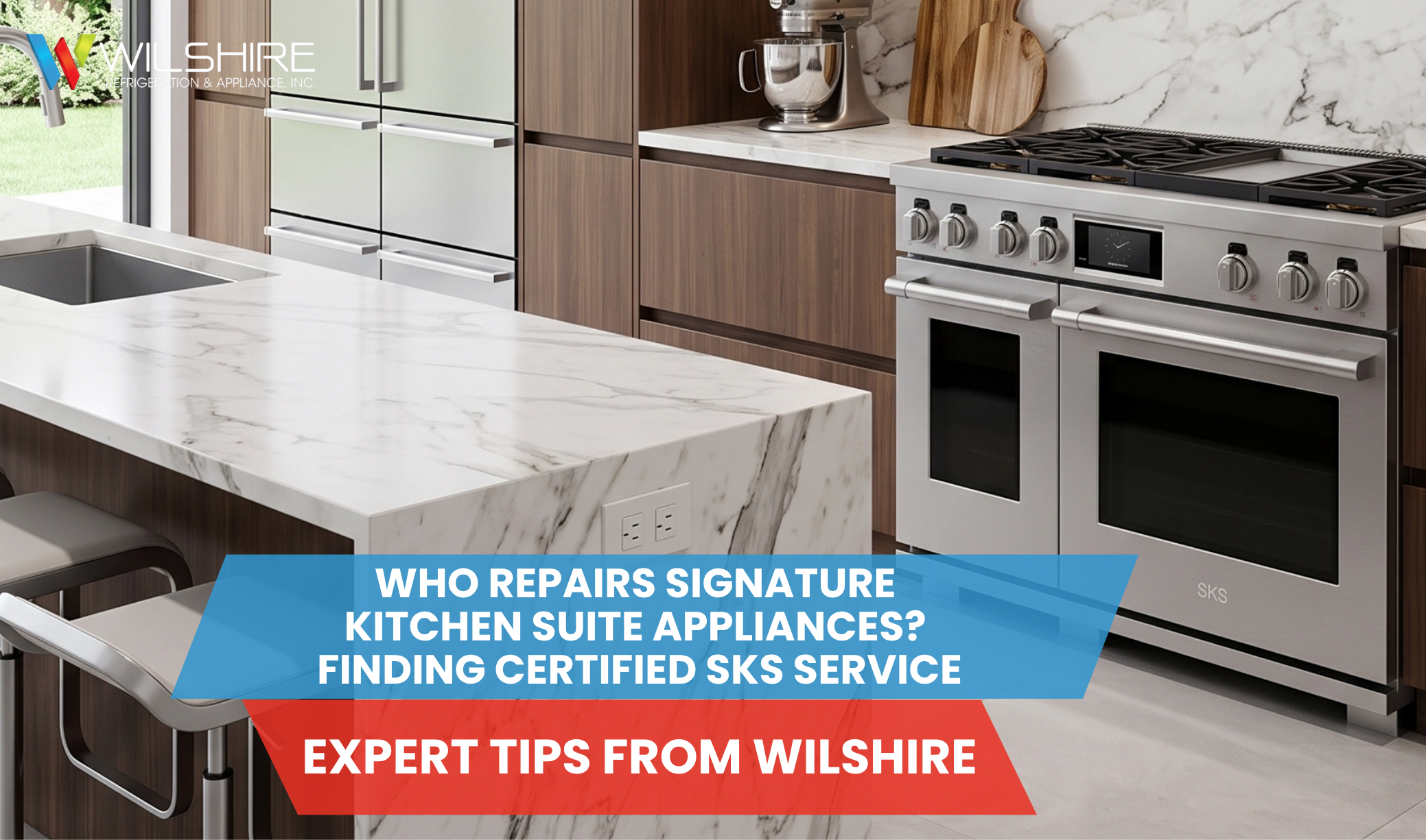 A luxury kitchen equipped with a Signature Kitchen Suite double-oven range, representing the subject of professional appliance maintenance and certified repair services.